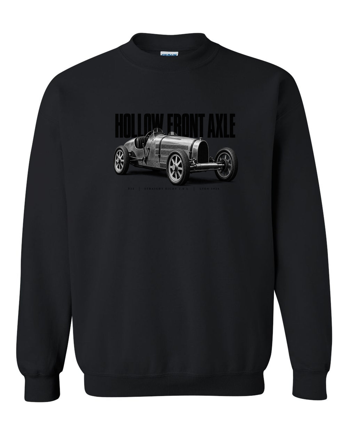 Bugatti Type 35 1924 hollow axle halftone print black crewneck front view with the design