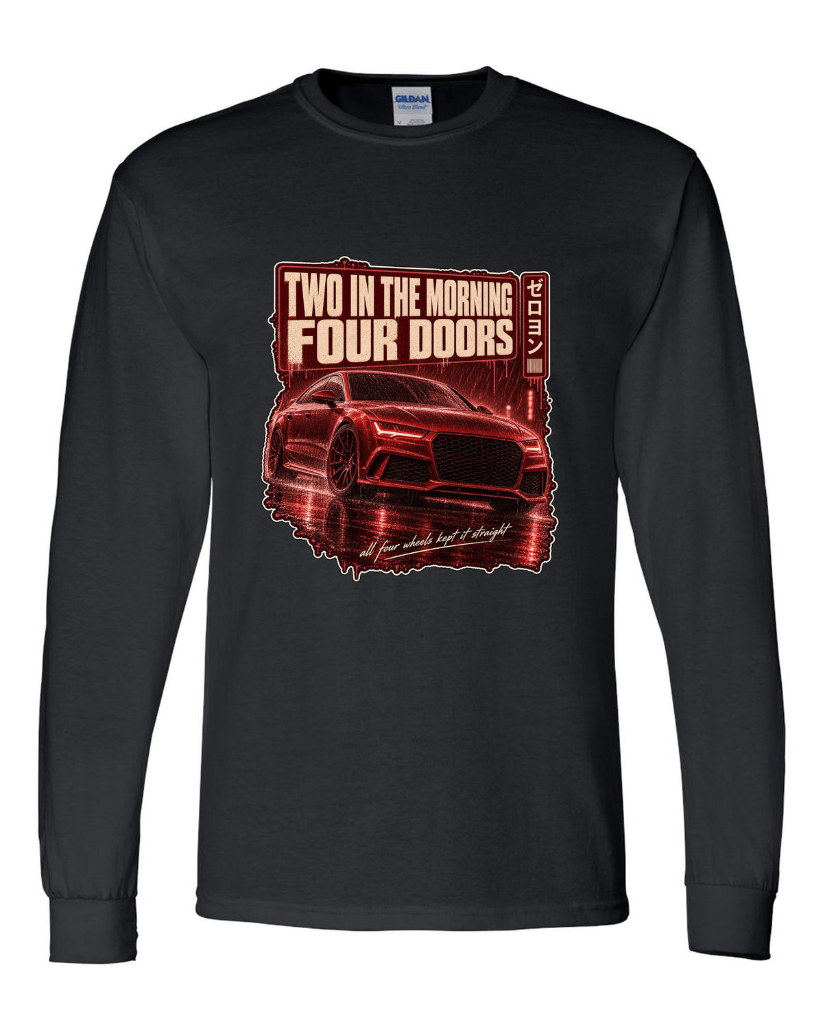 Audi RS7 Sportback C7 on a rainy night street print black long sleeve front view with the design
