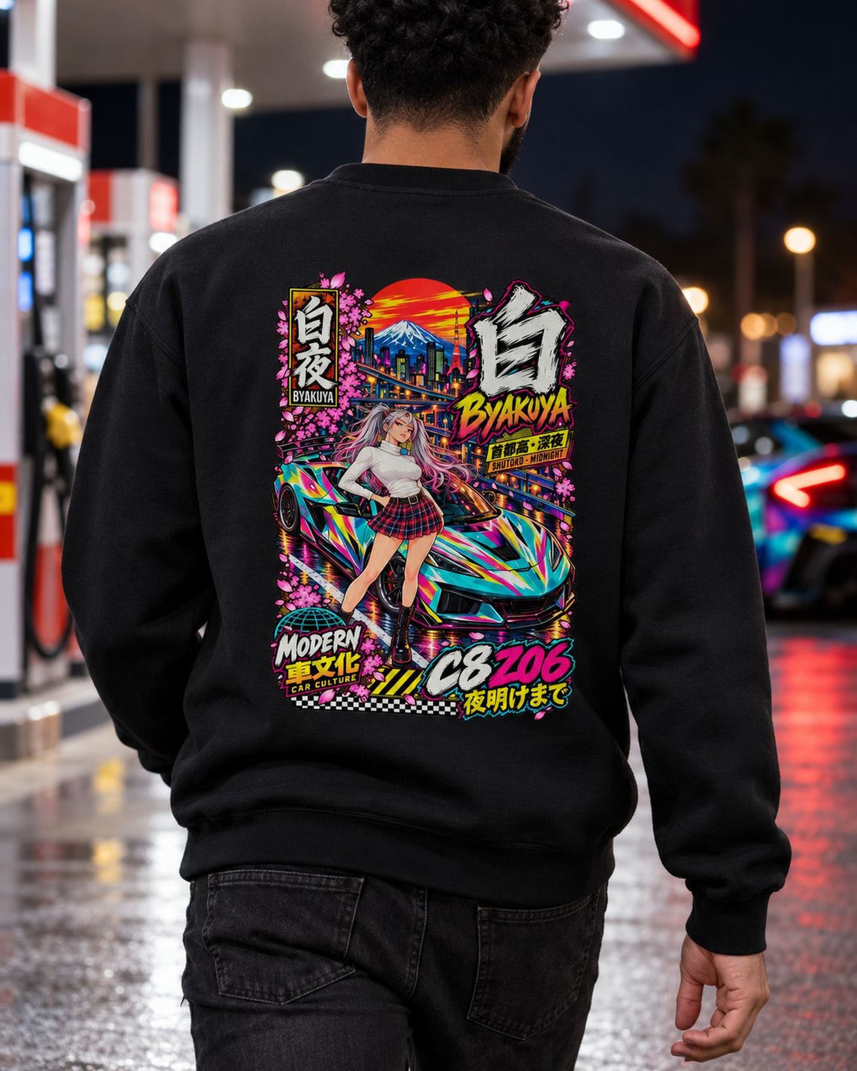 BYAKUYA C8 Z06 Anime Girl Full-Back Graphic Tee Crewneck Black worn hero
