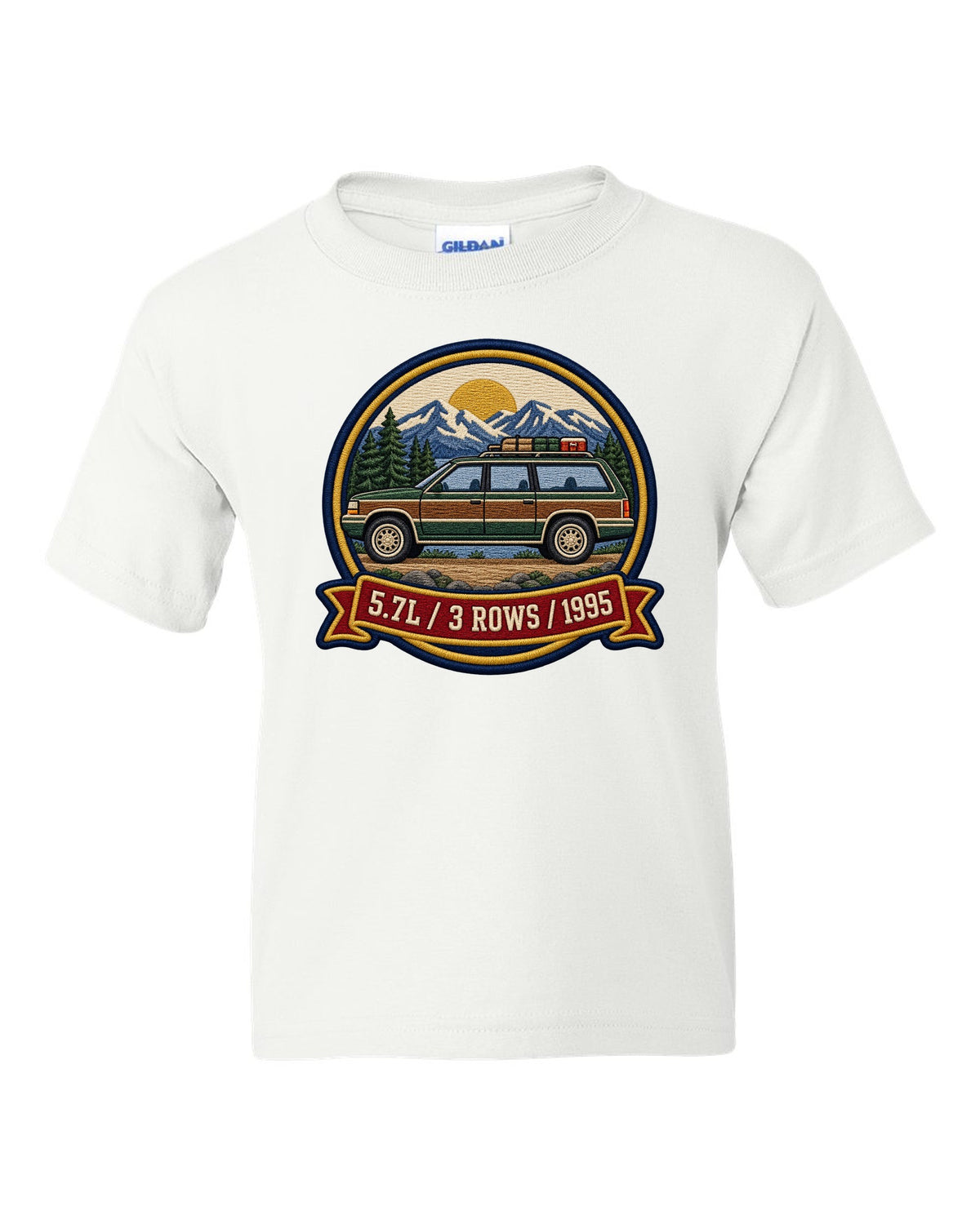 Varsity round crest print for a 1992-1999 Chevrolet Suburban GMT400 with 5.7L, 3 Rows, 1995 text white kids tee front view with the design