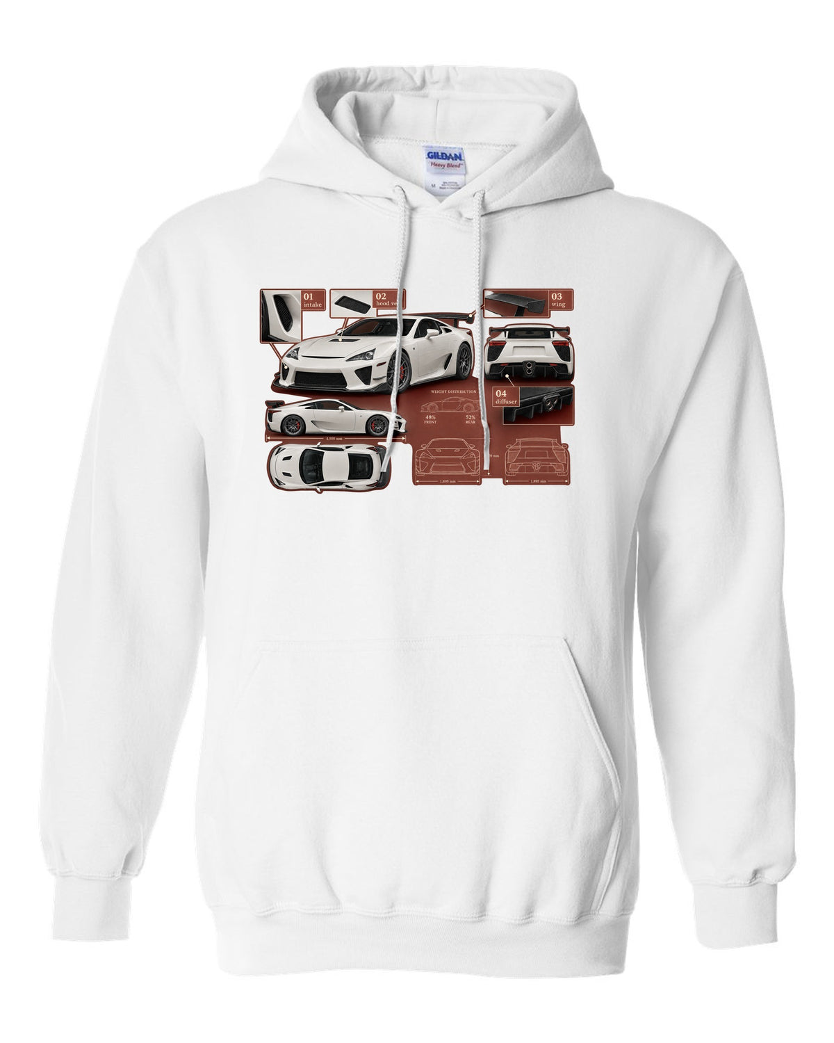 Aero callout diagram of the 2020 Lexus RC F Track Edition white pull over hoodie front view with the design