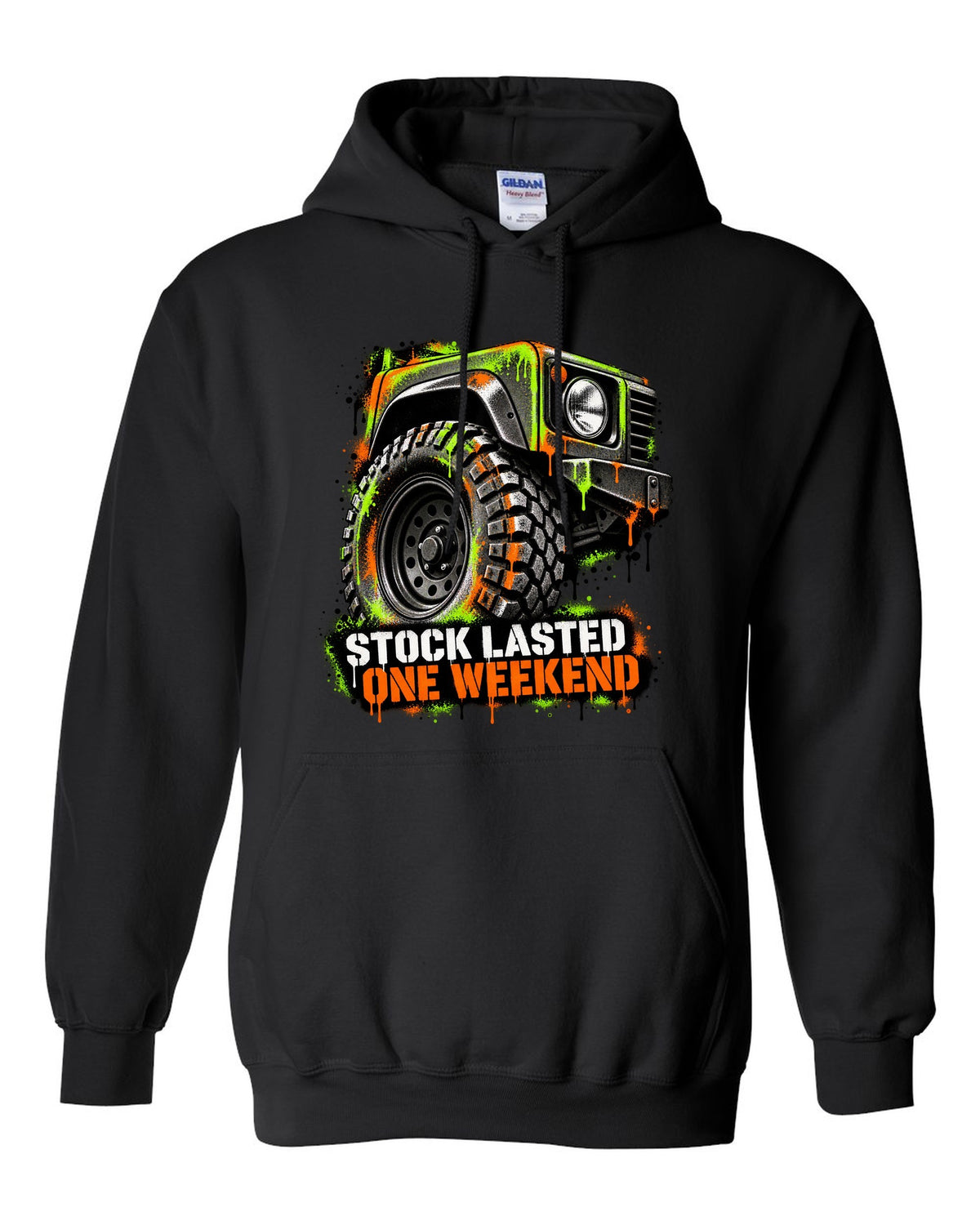 Jeep Wrangler TJ stencil spray street art design reading stock lasted one weekend black pull over hoodie front view with the design