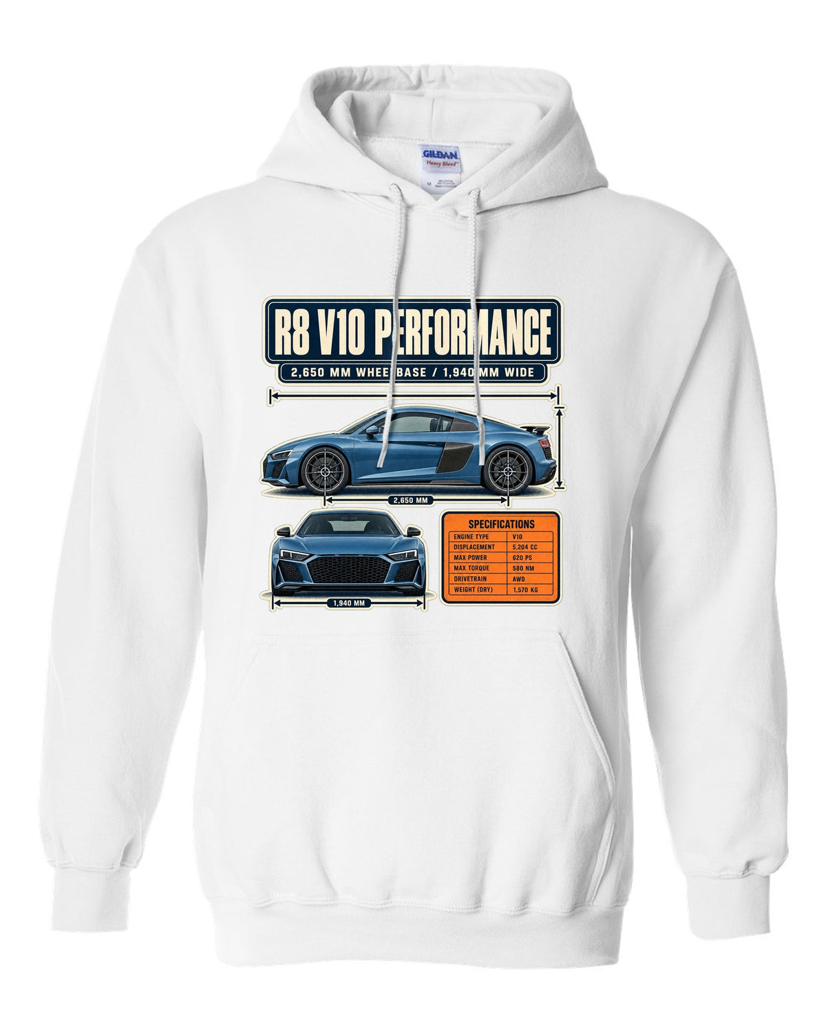 Audi R8 V10 performance Type 4S dimension blueprint print design white pull over hoodie front view with the design