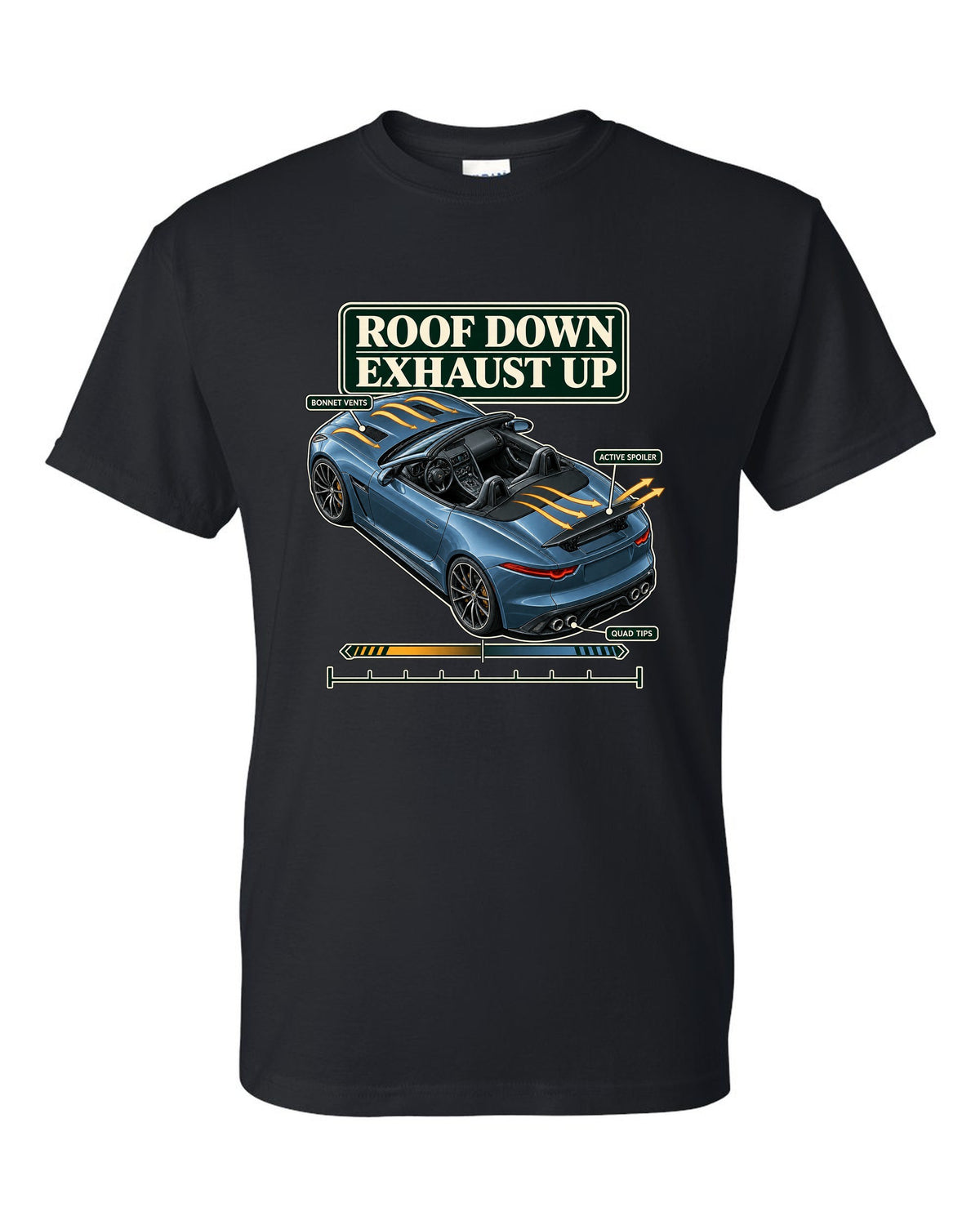 Aero cutaway callout print of the Jaguar F-Type R Convertible with roof down exhaust up text black t-shirt front view with the design