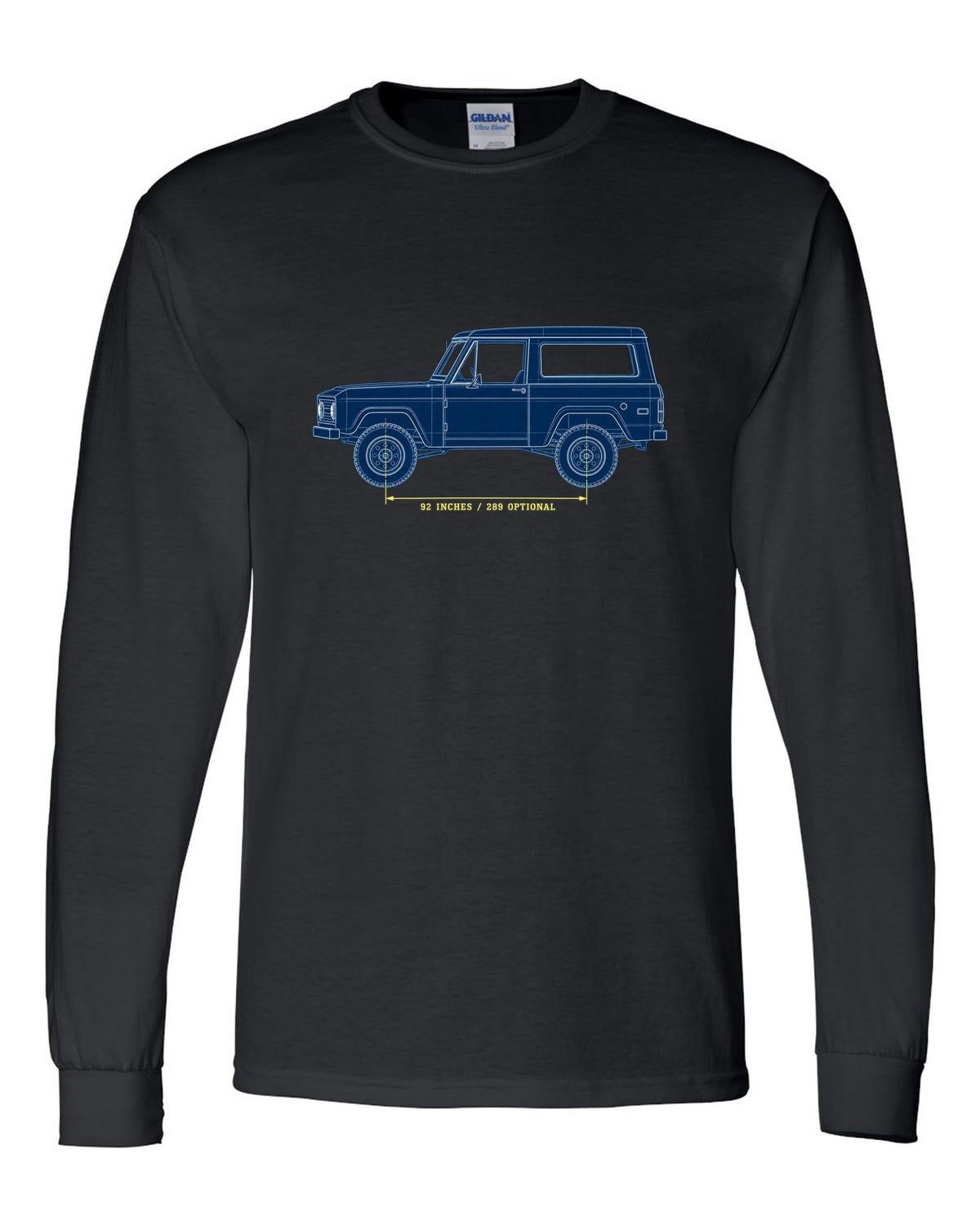 Patent-sheet blueprint drawing of a 1966-77 Ford Bronco U15 wagon with 92 INCHES and 289 OPTIONAL notes black long sleeve front view with the design