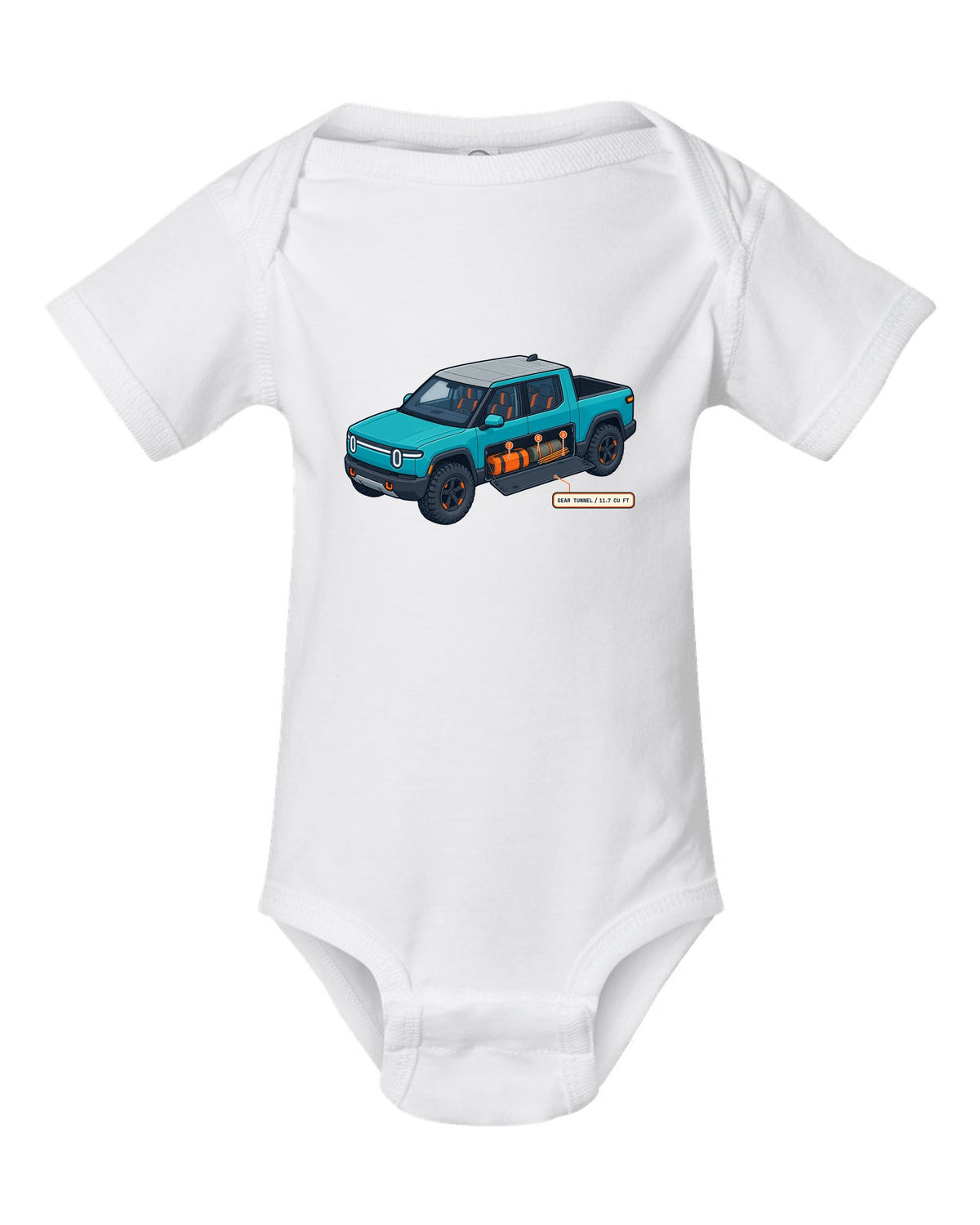 Isometric cutaway technical illustration print of a Rivian R1T reading Gear Tunnel 11.7 Cu Ft white baby onesie front view with the design