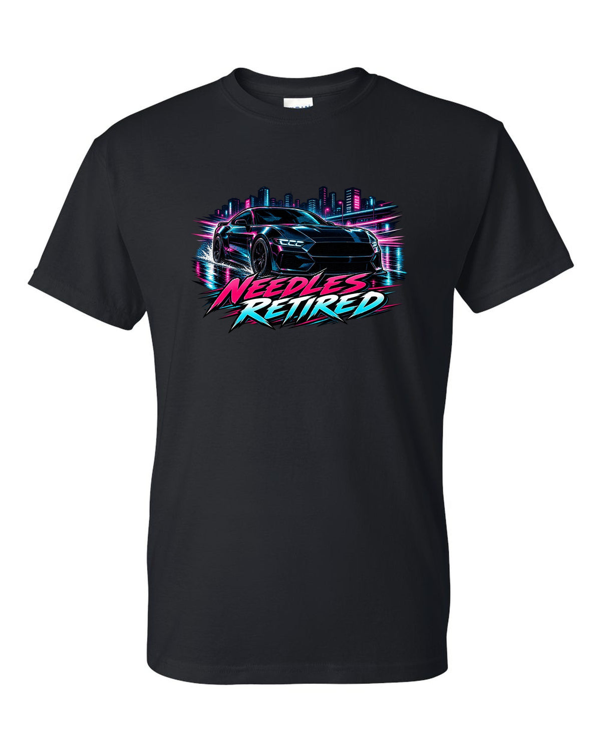Cel-shaded anime night touge print of a 2024 S650 Mustang coupe with Needles Retired text black t-shirt front view with the design