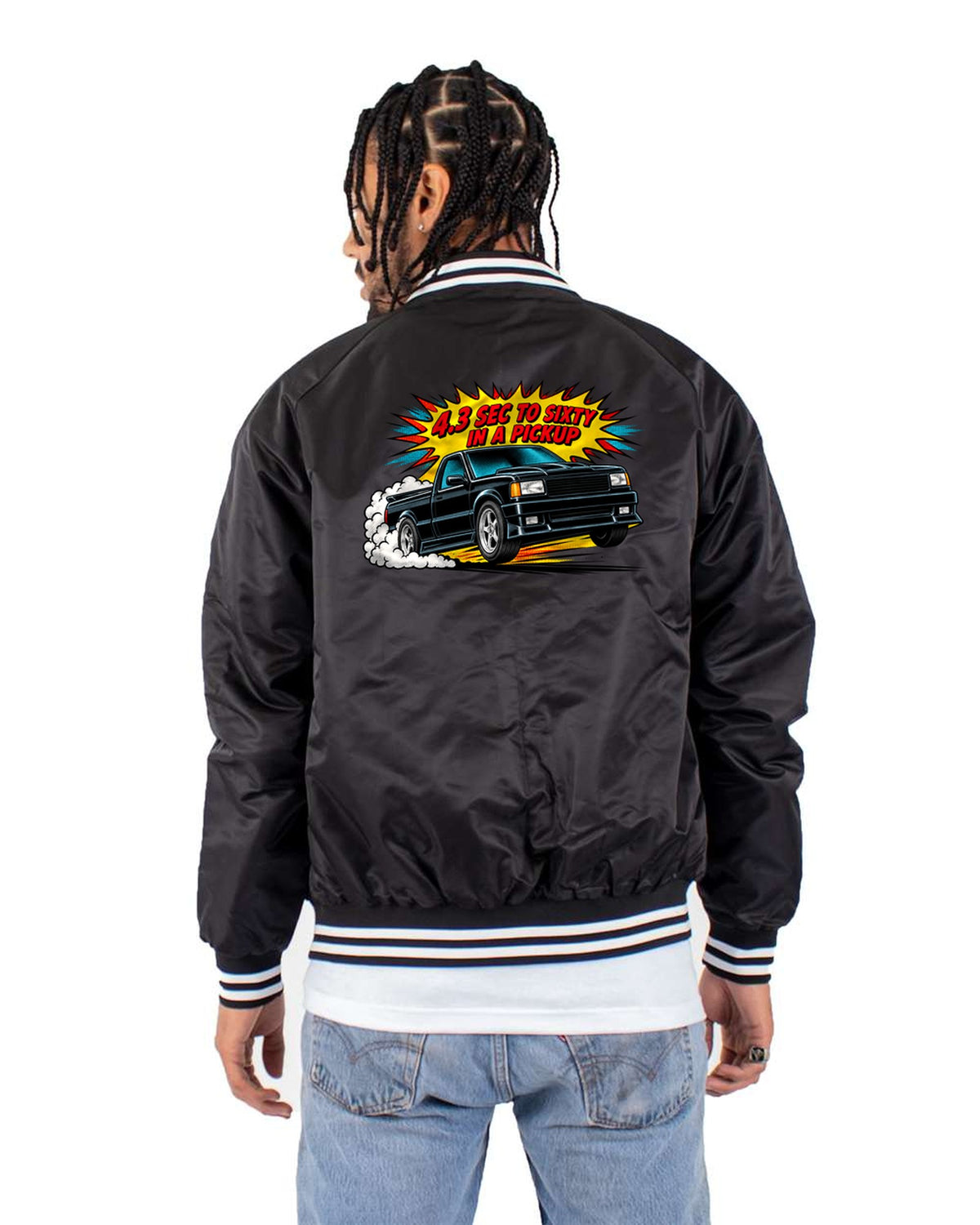 GMC Syclone 1991 Comic Pop-Art Launch Shirt, 4.3 Sec to Sixty Bomber Jacket Black back