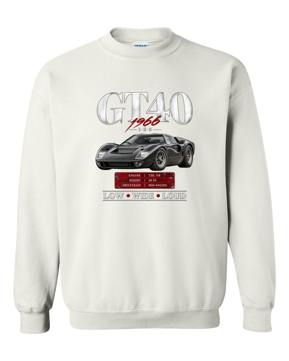 Archive panel print of a 1966 Ford GT40 Mk II with spec callouts white crewneck front view with the design
