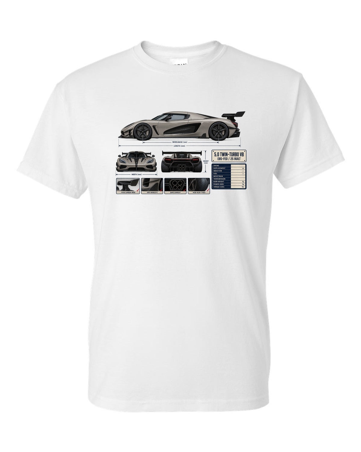 Three-view and spec table print of the Koenigsegg Agera RS with the text 5.0 twin-turbo V8, E85-fed, 25 built white t-shirt front view with the design