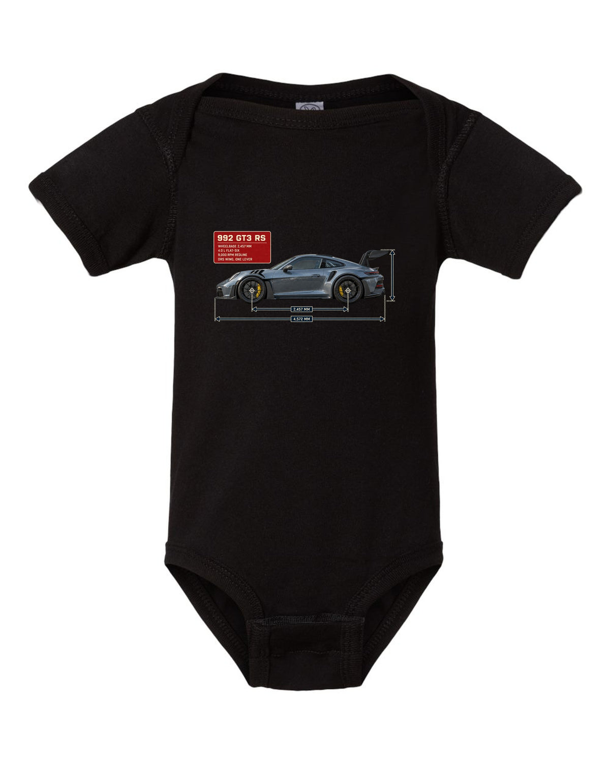 Porsche 992 GT3 RS dimension blueprint print design black baby onesie front view with the design