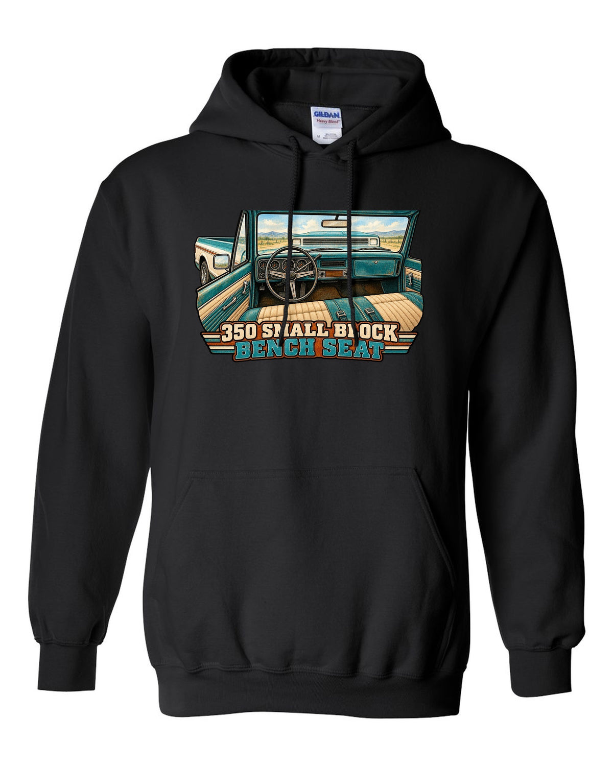 Watercolour wash print of a 1971 Chevrolet C10 Cheyenne with 350 Small Block and Bench Seat text black pull over hoodie front view with the design