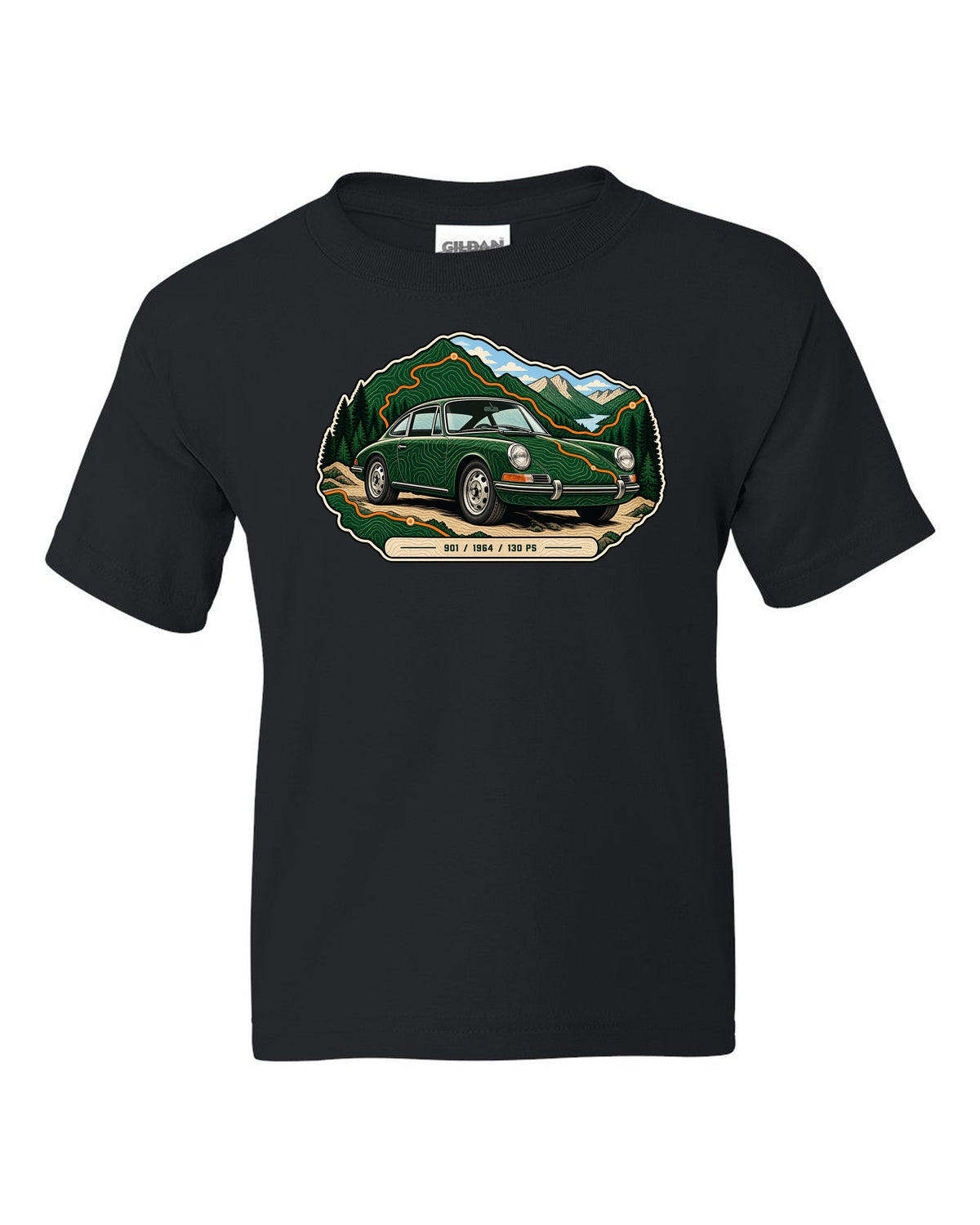Porsche 993 RS engine bay data plate spec sheet design with 3.8 and 300 PS text black kids tee front view with the design