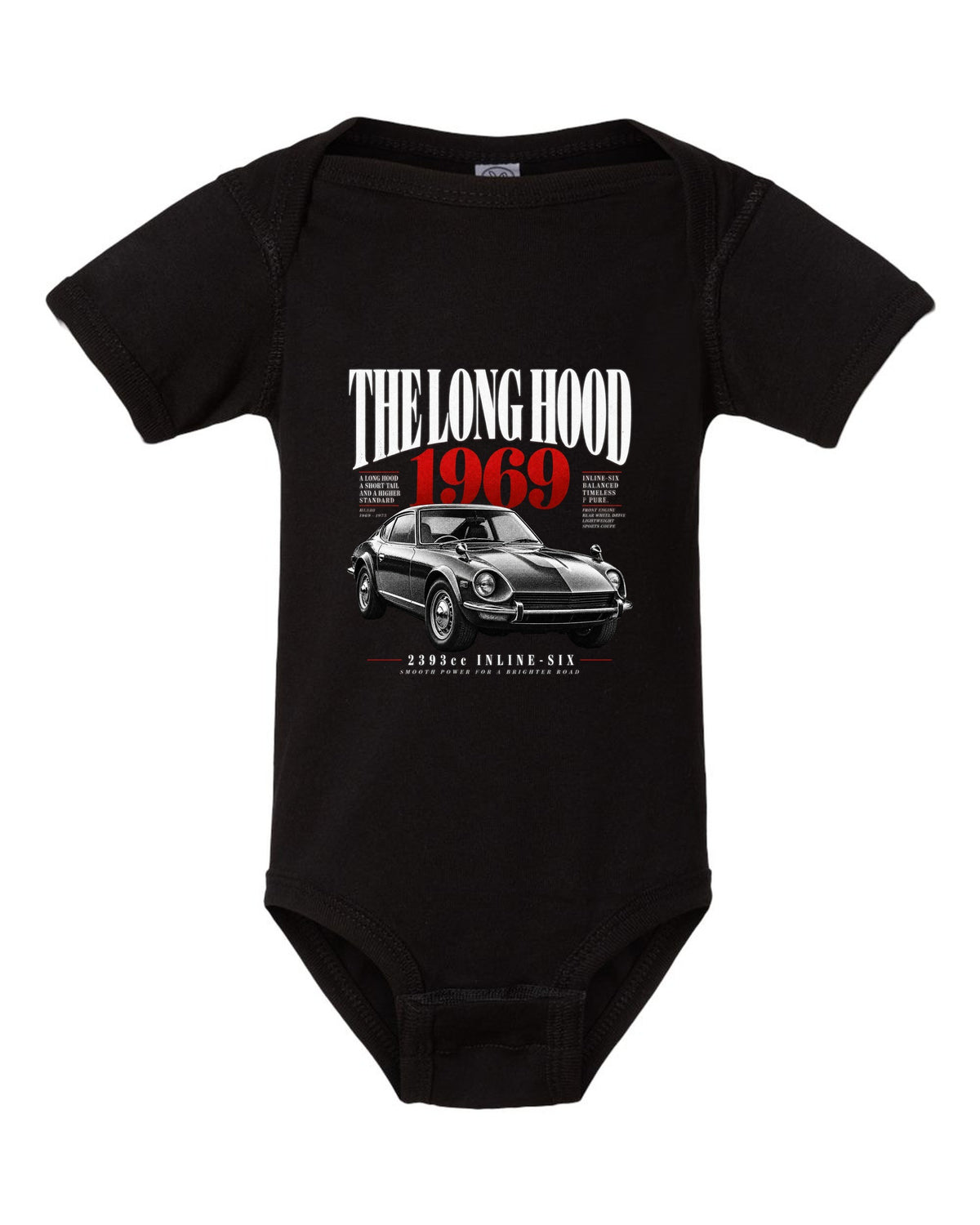 print of a Datsun 240Z HLS30 with editorial headline about the long hood and 2393cc inline-six black baby onesie front view with the design