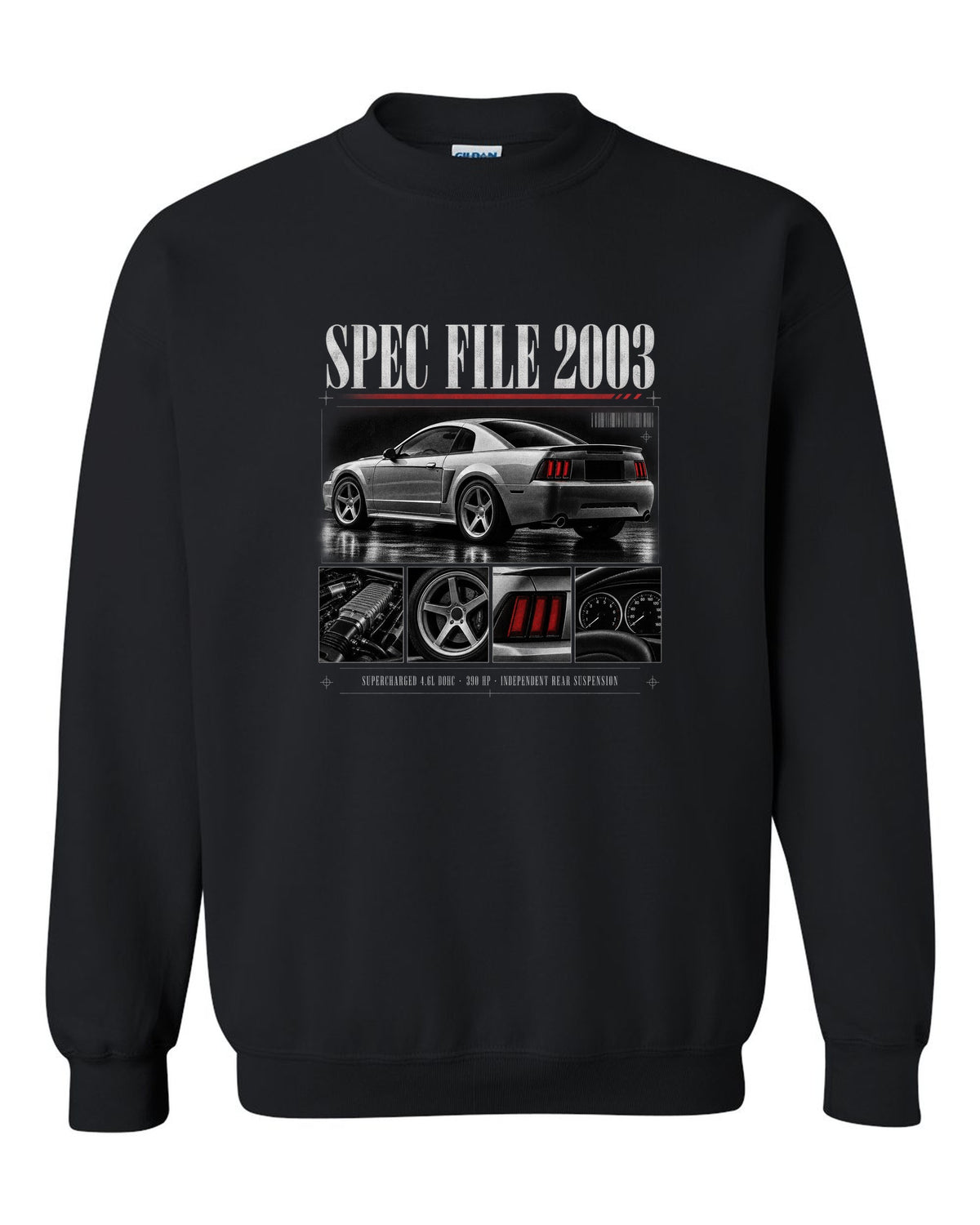 Dossier panel profile of a 2003 Ford Mustang SVT Cobra New Edge with spec file lettering black crewneck front view with the design