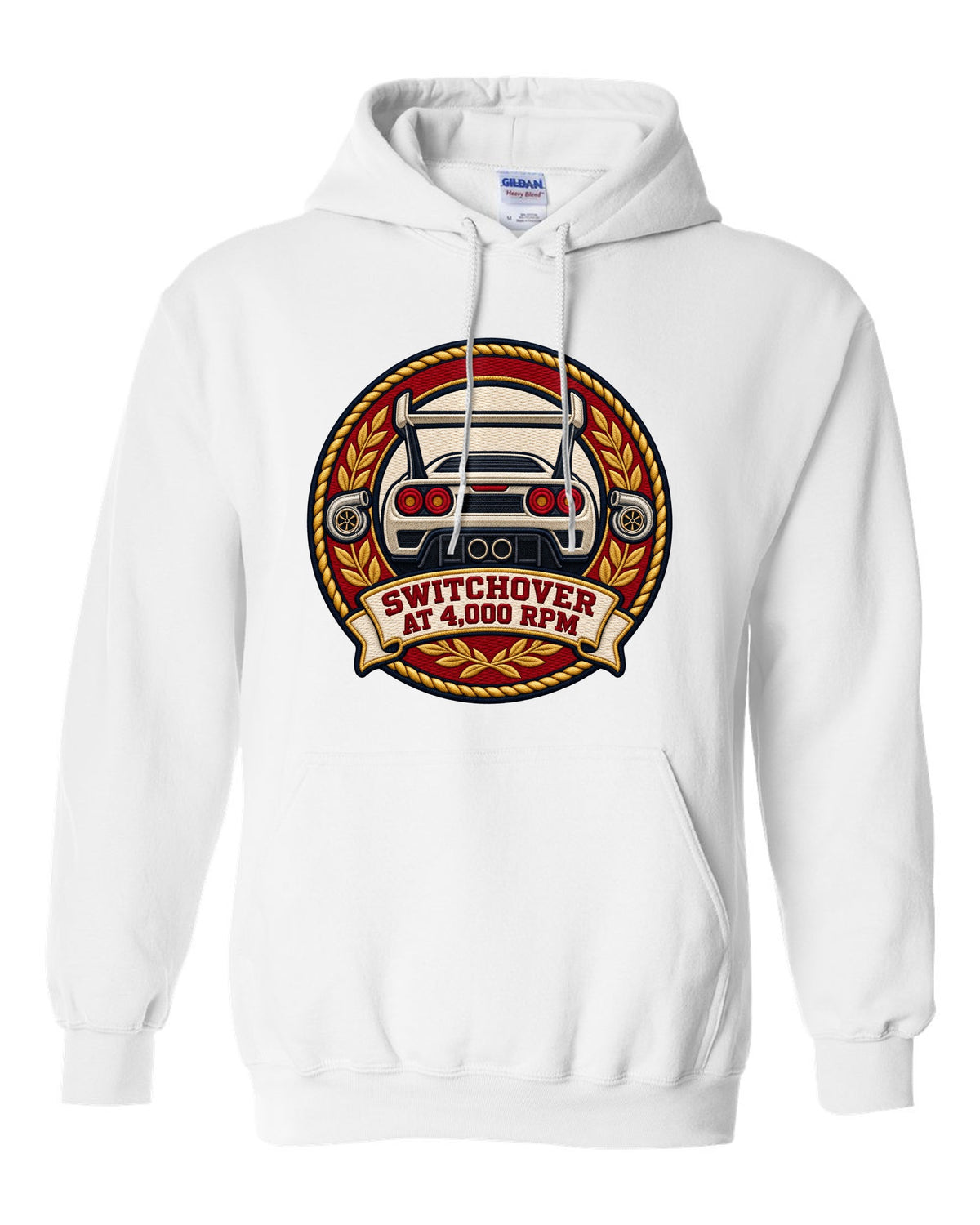Varsity crest design for the Toyota Supra A80 JZA80 twin turbo white pull over hoodie front view with the design