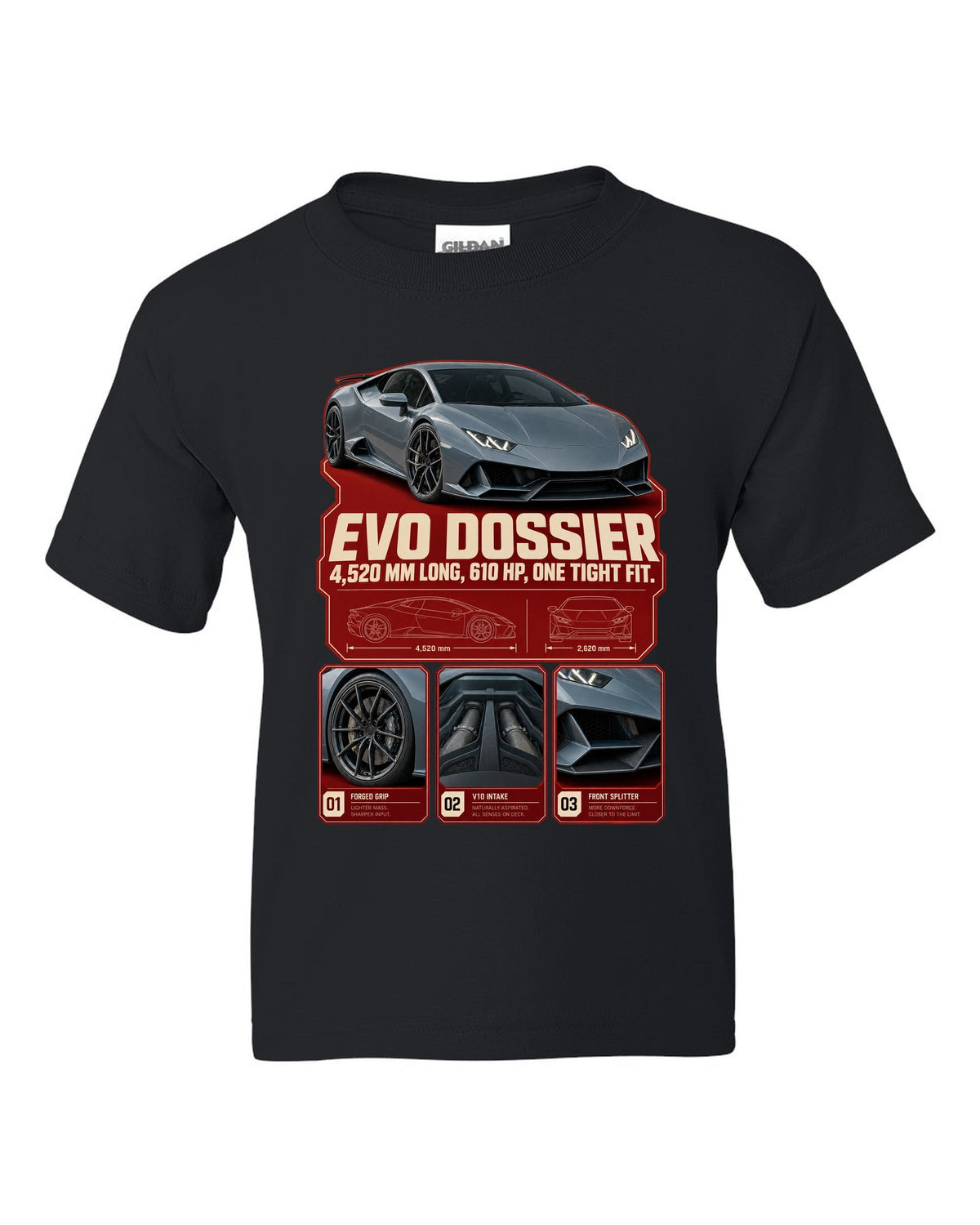 Dossier panel print of the Lamborghini Huracan EVO black kids tee front view with the design