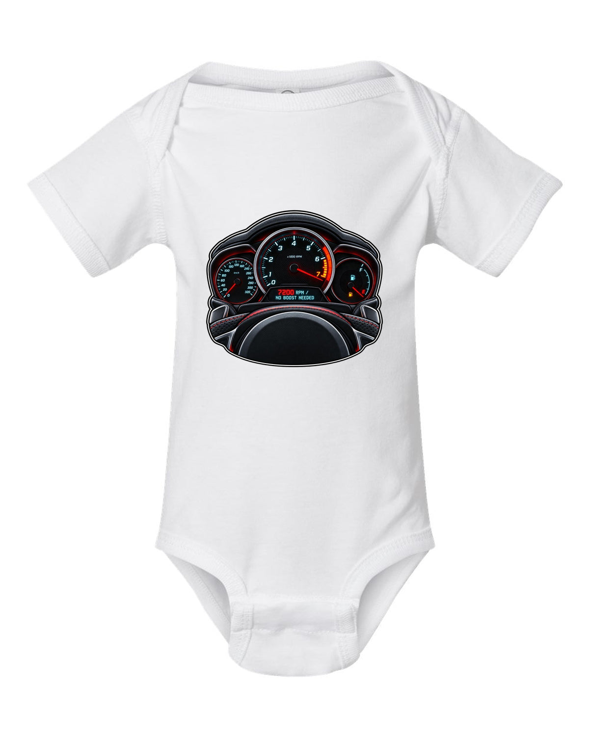 Gauge-cluster HUD print for a Mercedes C63 AMG W204 with 7200 RPM white baby onesie front view with the design