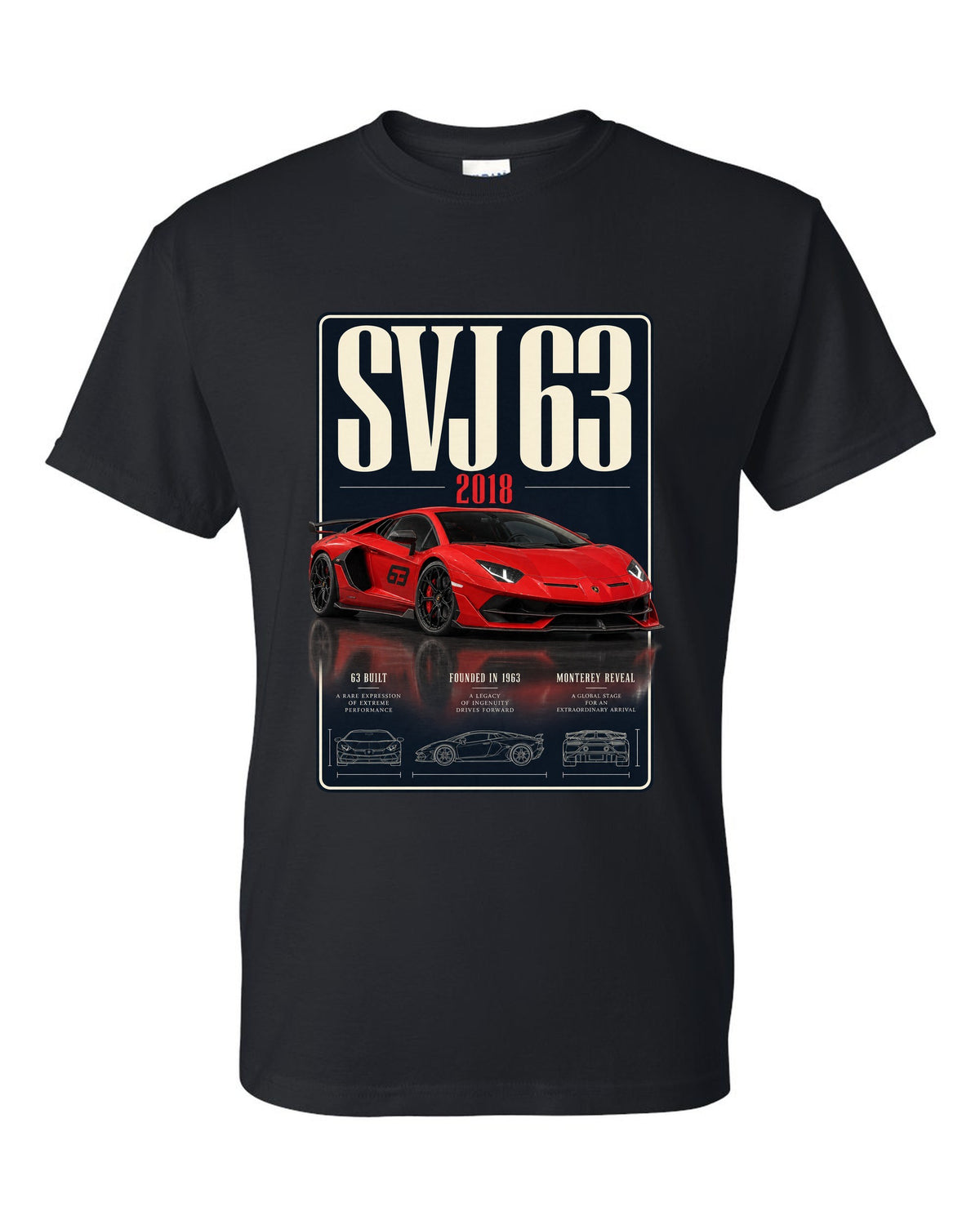 Archive panel print of the Lamborghini Aventador SVJ 63 limited edition black t-shirt front view with the design