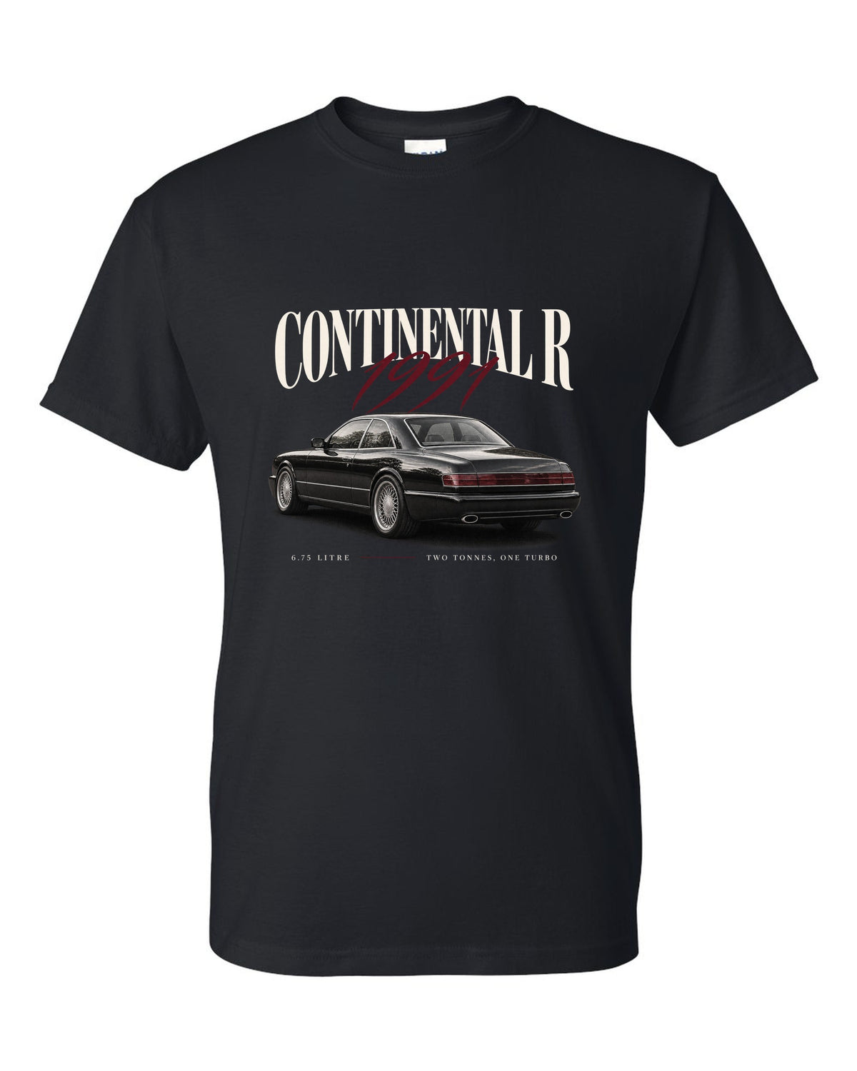 Bentley Continental R editorial headline print black t-shirt front view with the design