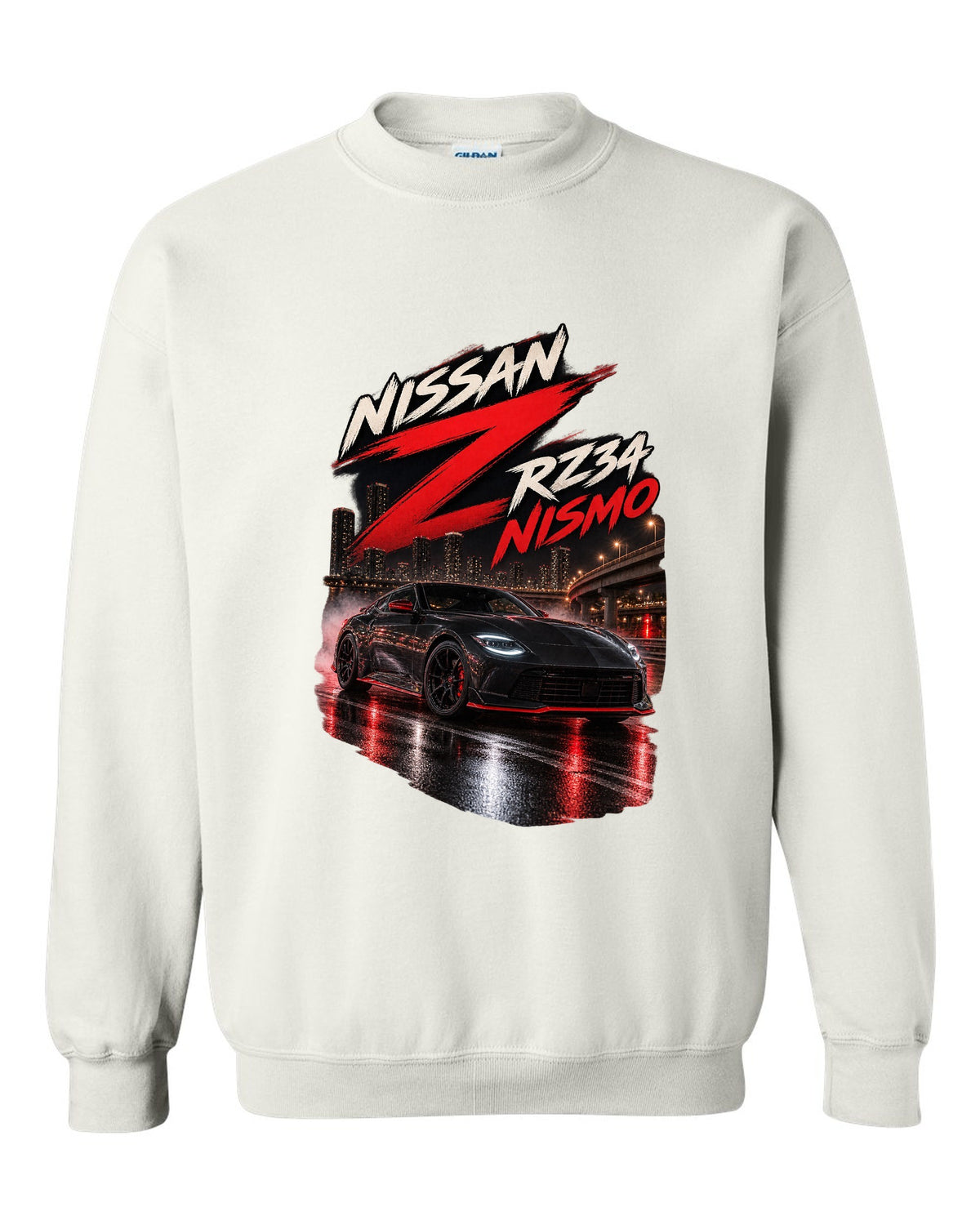 Nissan RZ34 Z spec poster with 2022 debut, VR30DDTT and 400 hp text white crewneck front view with the design