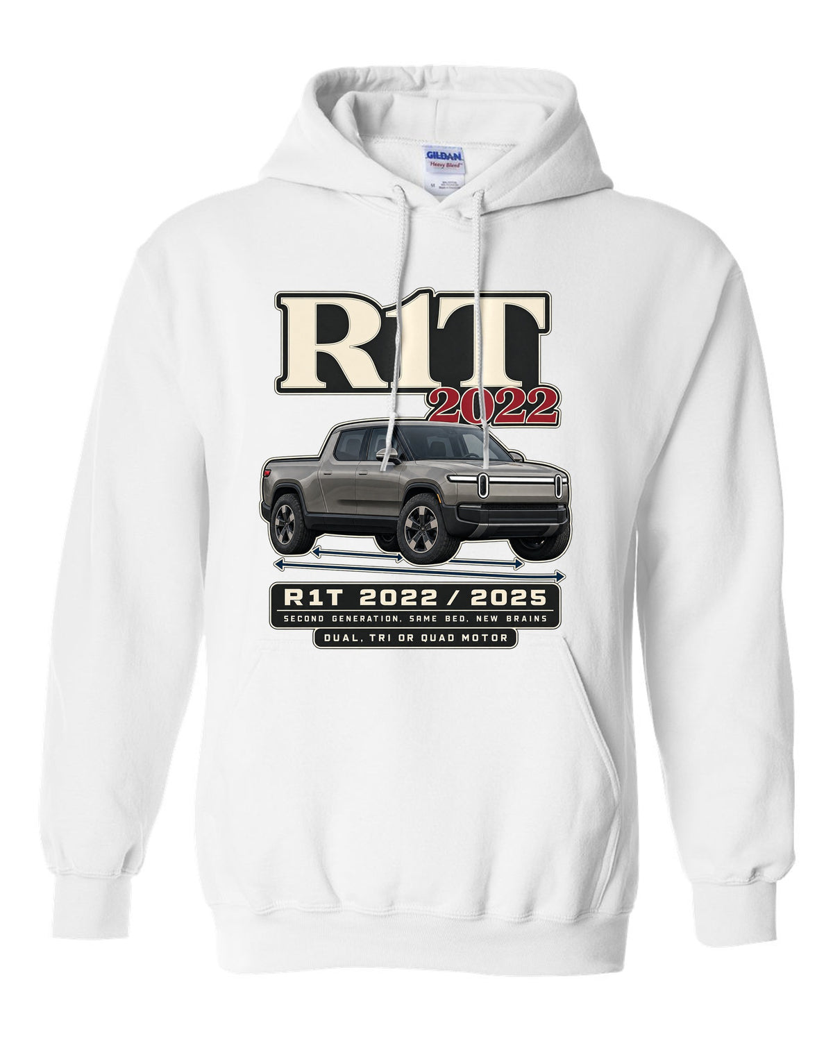 Archive panel print of a Rivian R1T Gen 2 with 2022 and 2025 model years white pull over hoodie front view with the design