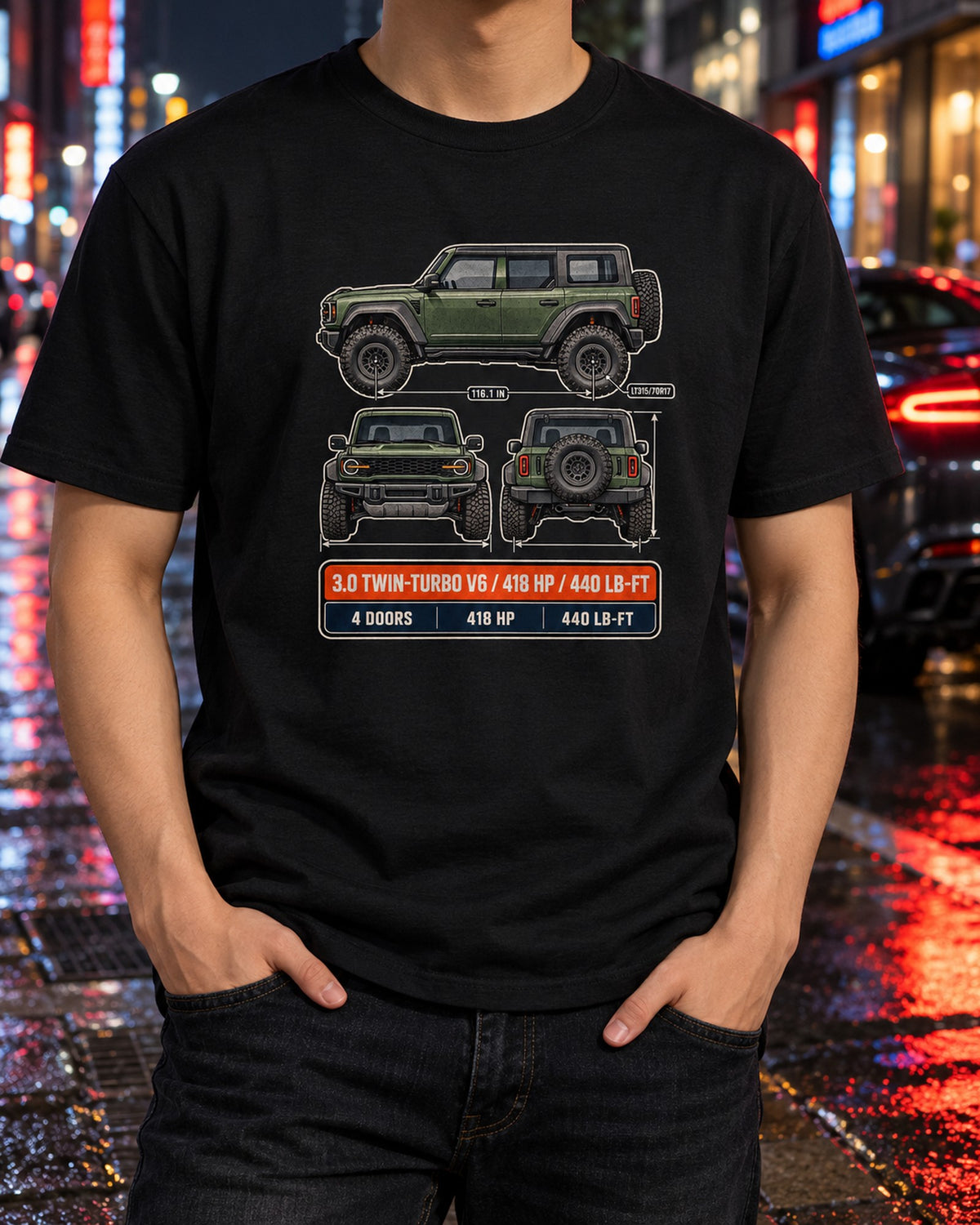 Ford Bronco Raptor Three-View Spec Table Shirt, Bronco Gift T-Shirt Black worn hero