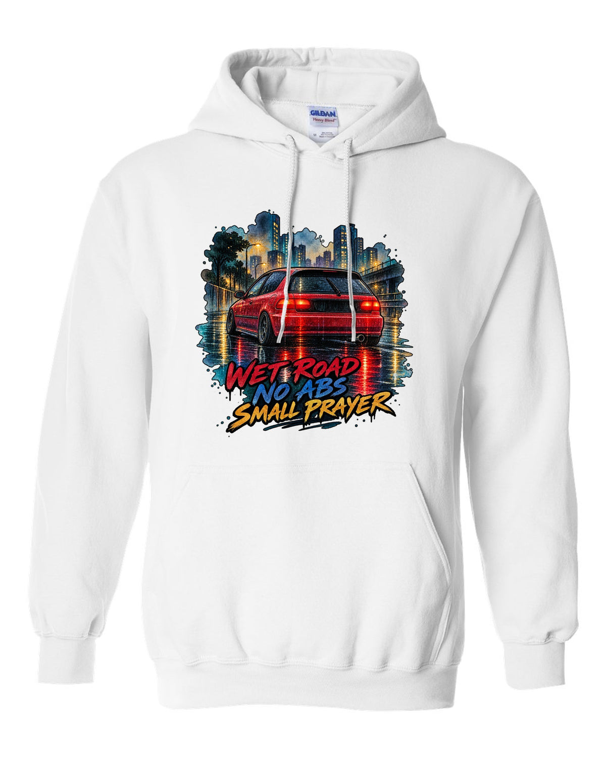 Watercolour wet road print of a Honda Civic EG6 ch with red taillights and no ABS text white pull over hoodie front view with the design