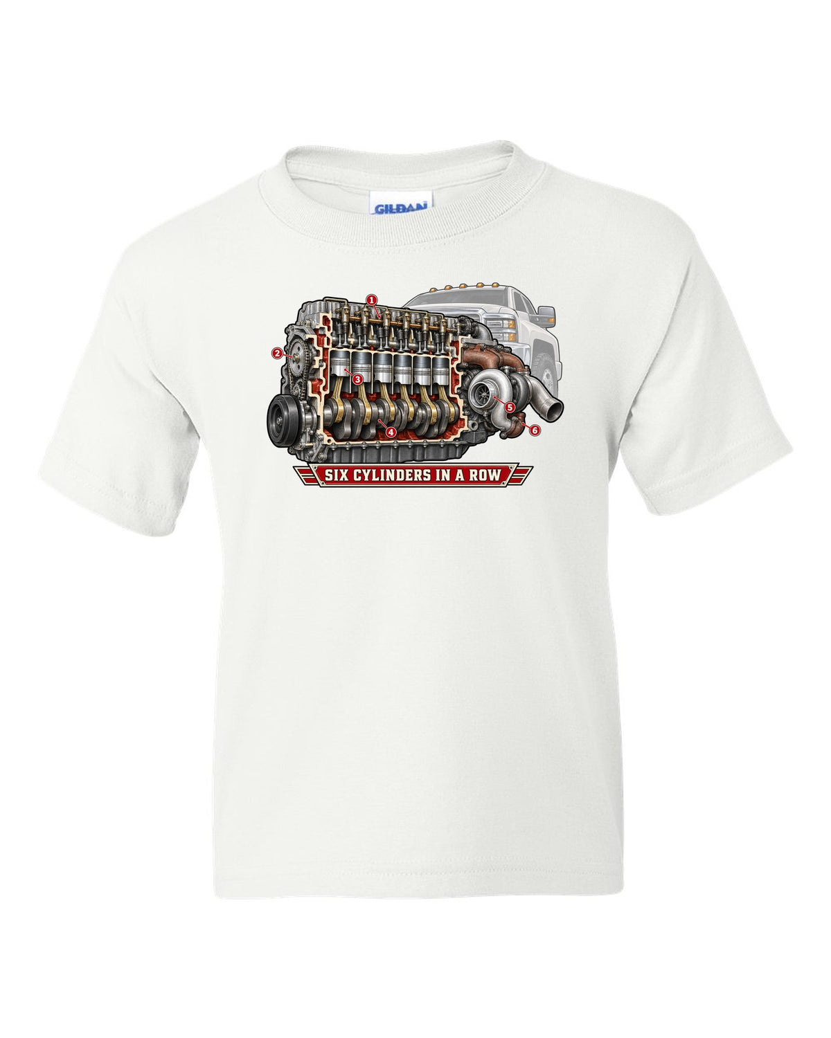 Cutaway diagram print of an inline-six diesel engine from a Dodge Ram 2nd gen with six cylinders in a row text white kids tee front view with the design