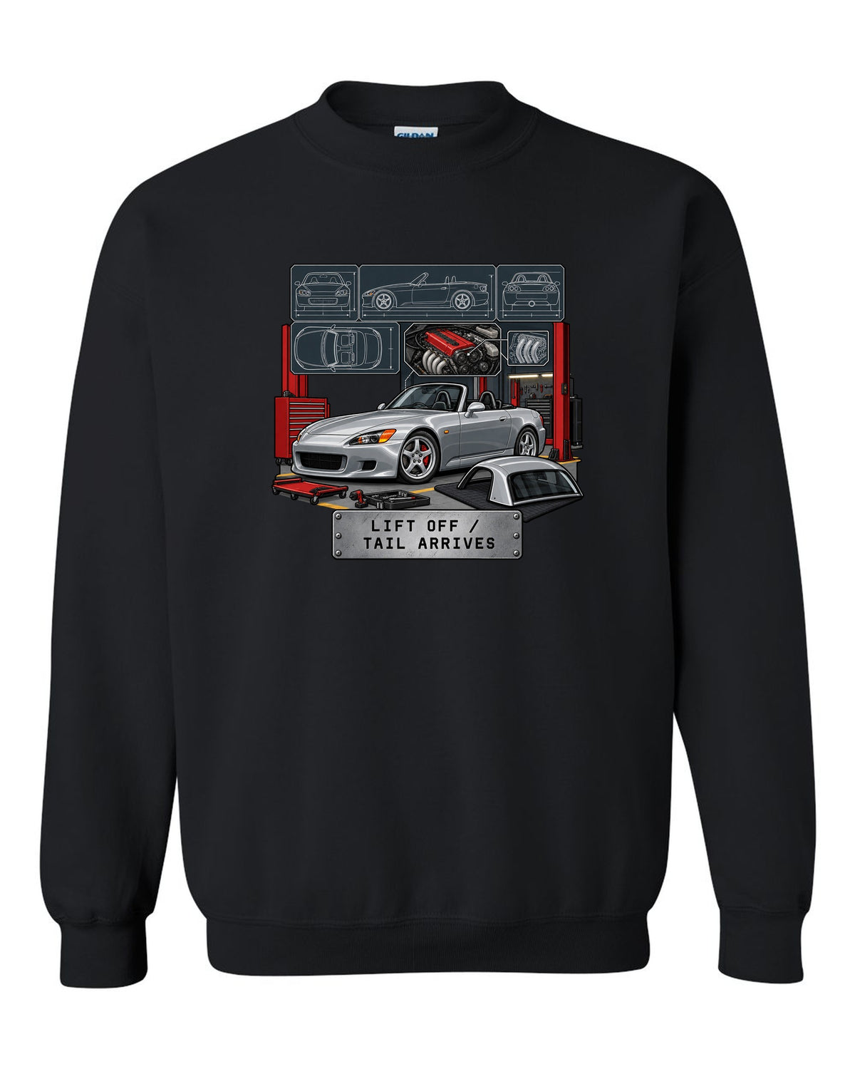 Spec sheet data plate print of a 1999 Honda S2000 AP1 roadster with lift off tail arrives text black crewneck front view with the design