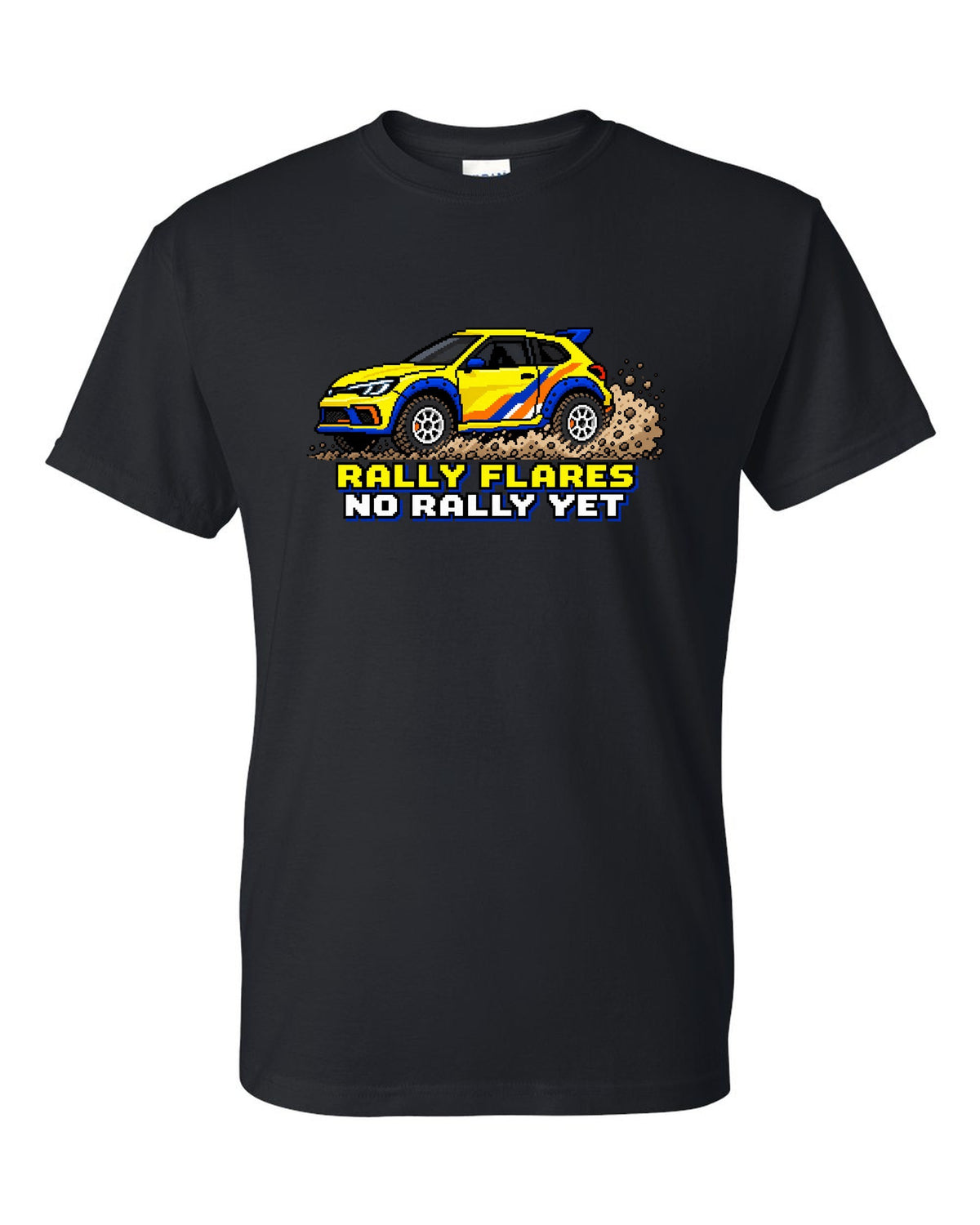 Rivian R3X 16-bit pixel art gravel slide print with the text rally flares no rally yet black t-shirt front view with the design