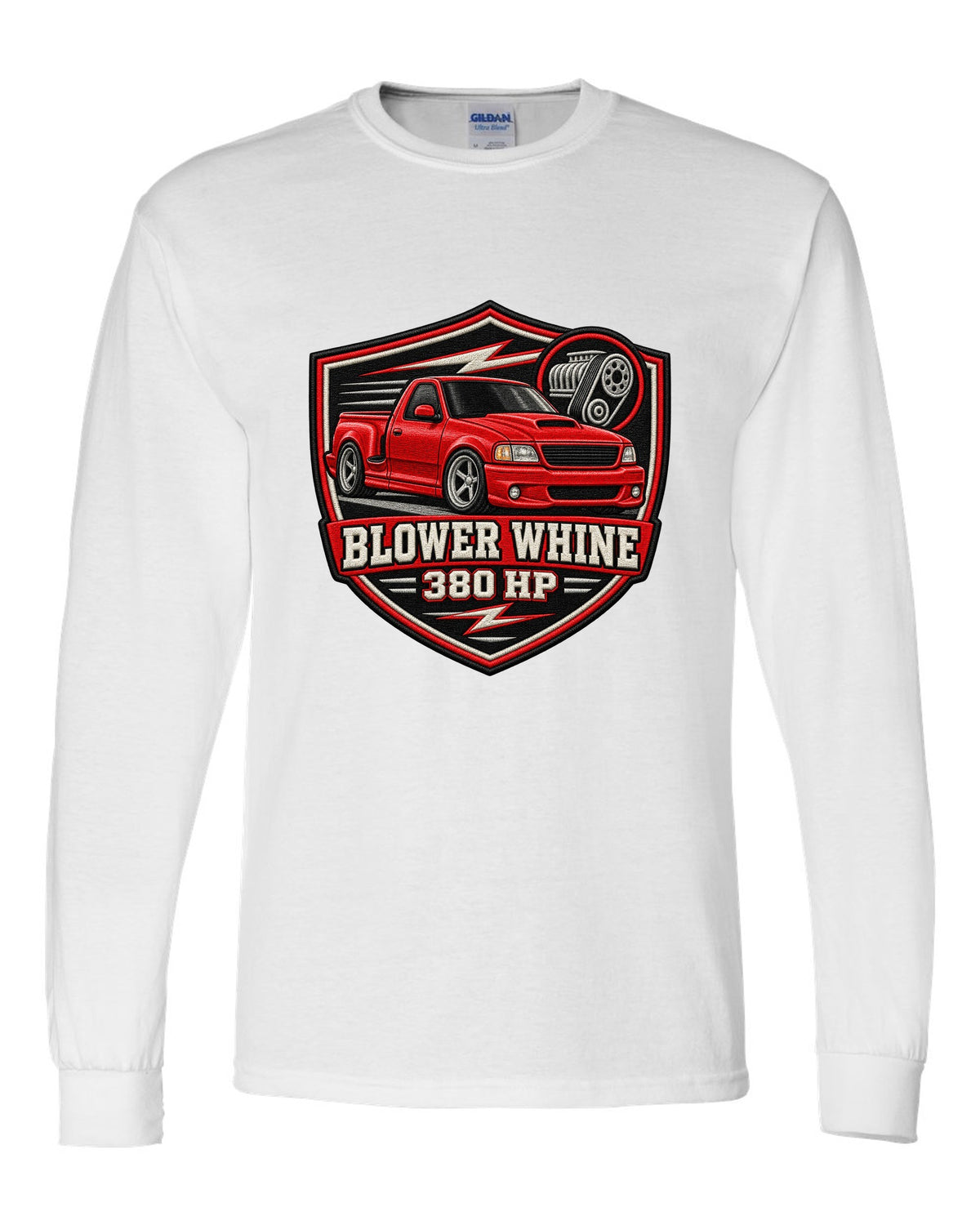 Ford F-150 SVT Lightning 1999-2004 in an embroidered varsity crest print white long sleeve front view with the design