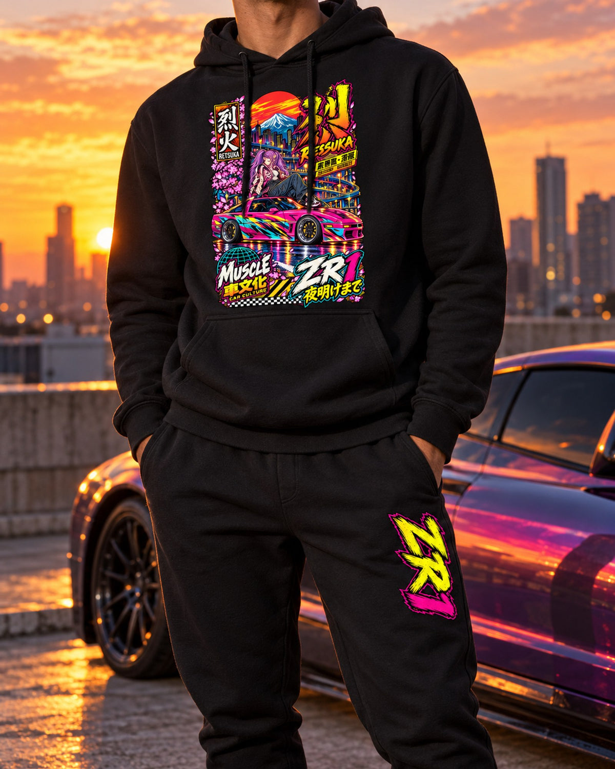 ZR1 Retsuka Anime Girl Poster Hoodie + Jogger Set Black worn hero