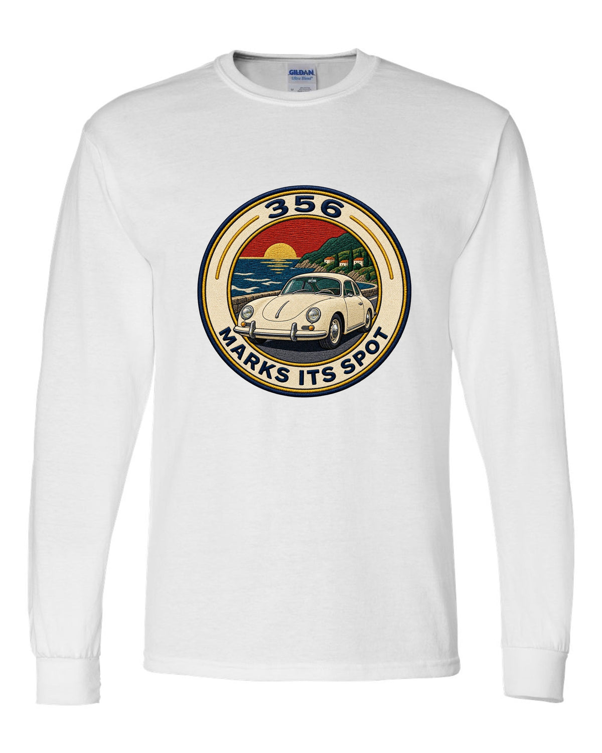 Round varsity crest style illustration of a Porsche 356 A white long sleeve front view with the design