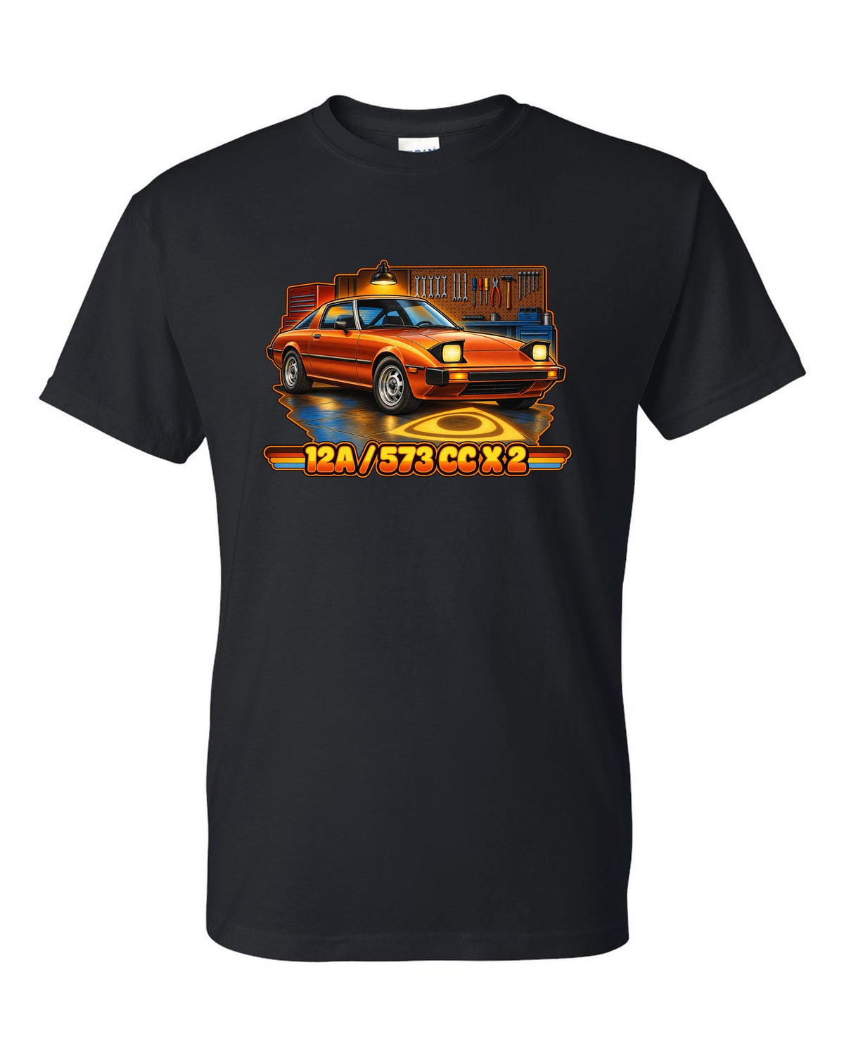 Seventies airbrush poster print of a Mazda RX-7 SA22C with the text 12A, 573 cc x 2 black t-shirt front view with the design