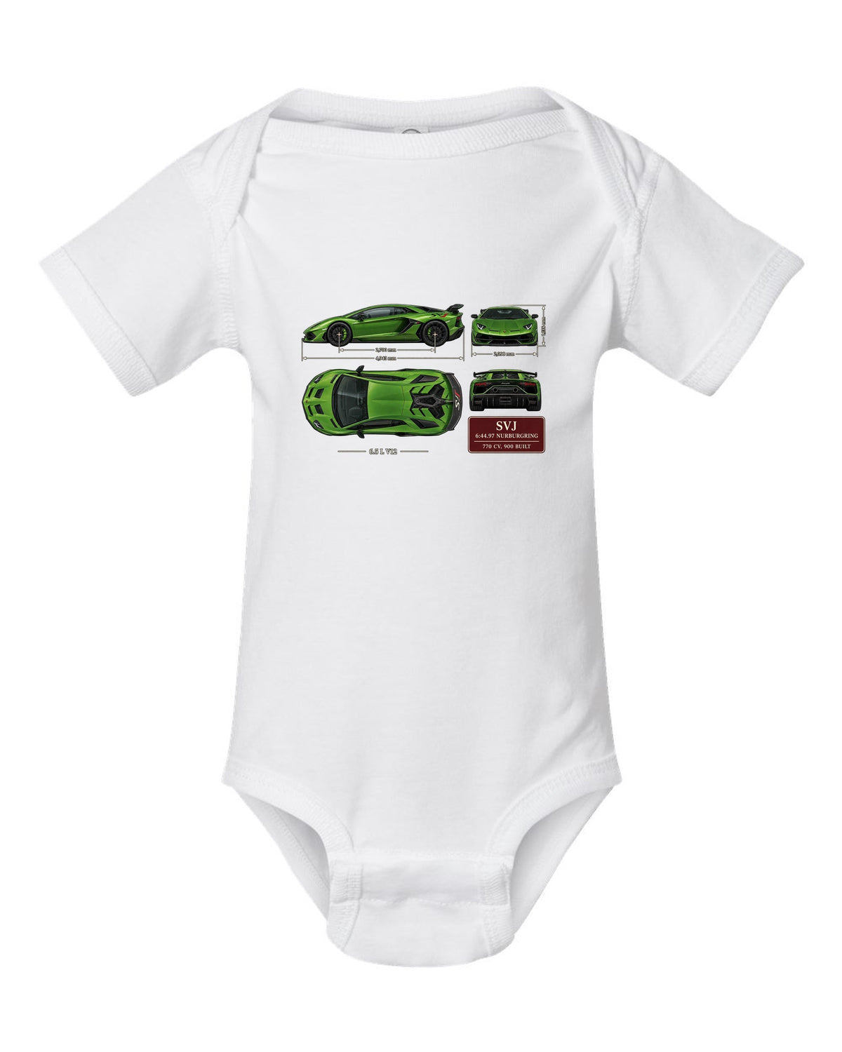 Dimension blueprint print of the Lamborghini Aventador SVJ with Nurburgring lap time white baby onesie front view with the design
