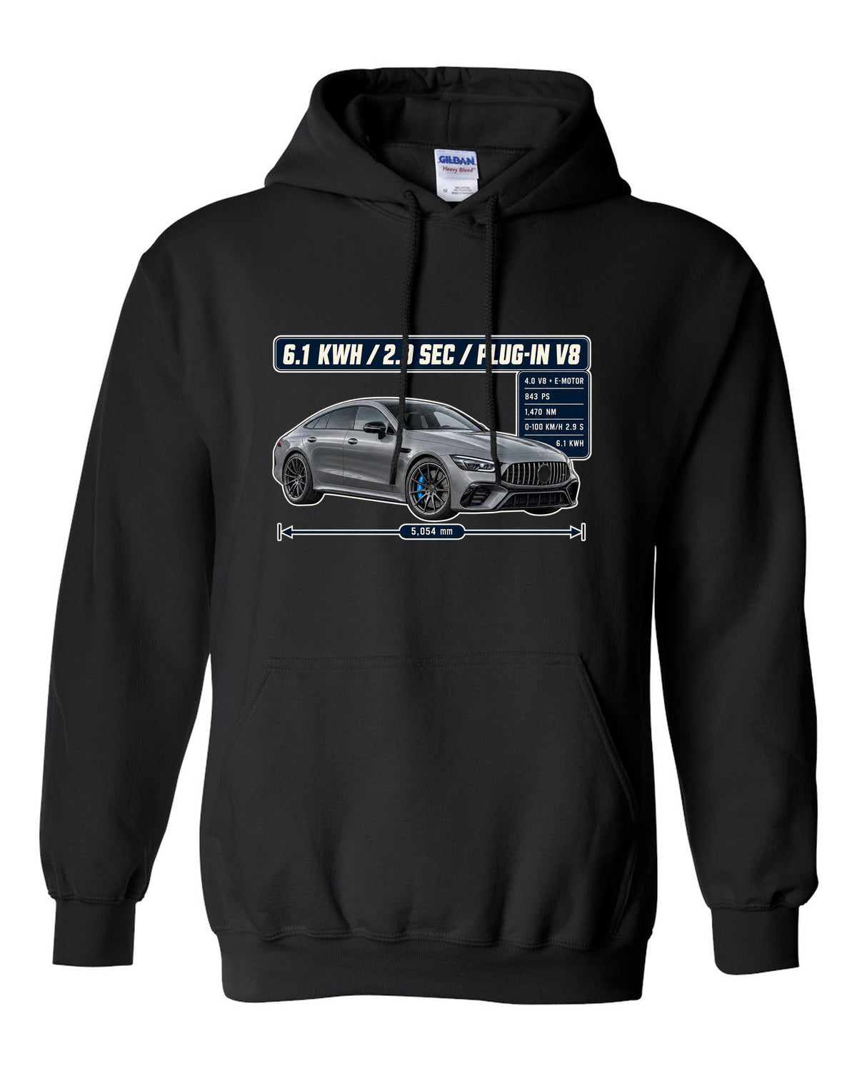 Mercedes-AMG GT 63 S E Performance spec poster design with electric-blue accent black pull over hoodie front view with the design