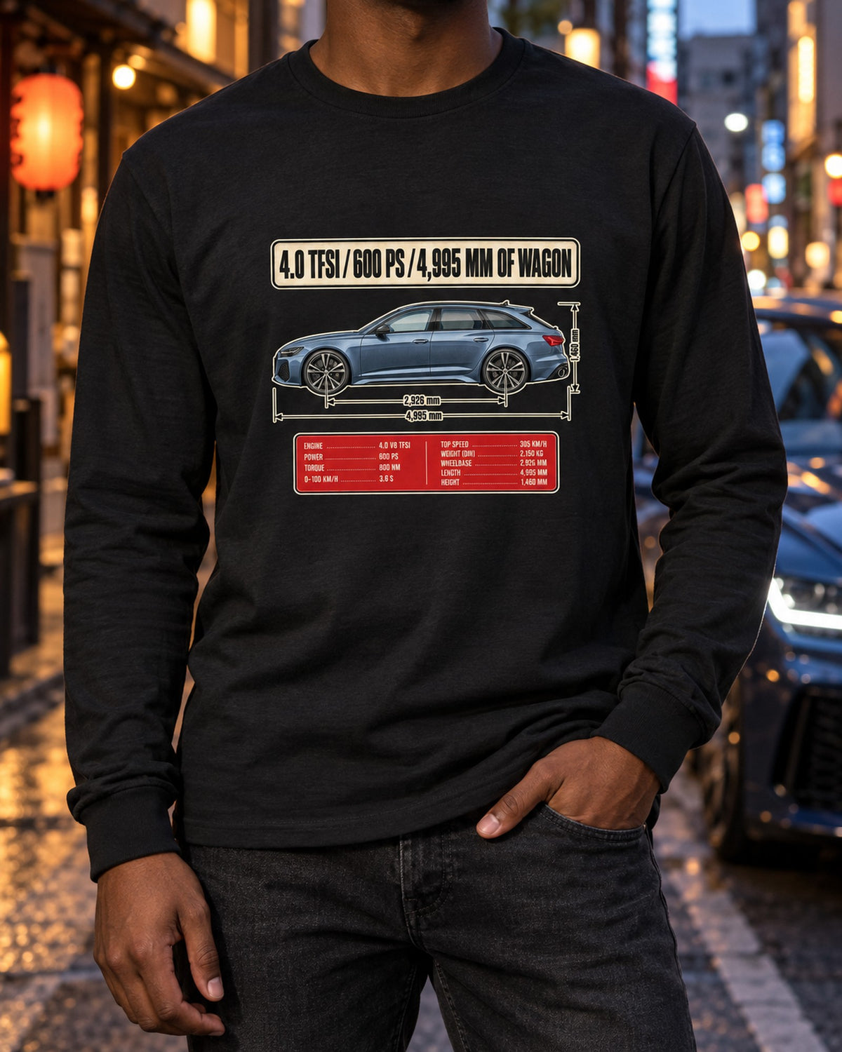 Audi RS6 Avant C8 Blueprint Profile Shirt, 4.0 TFSI Long Sleeve Black worn hero