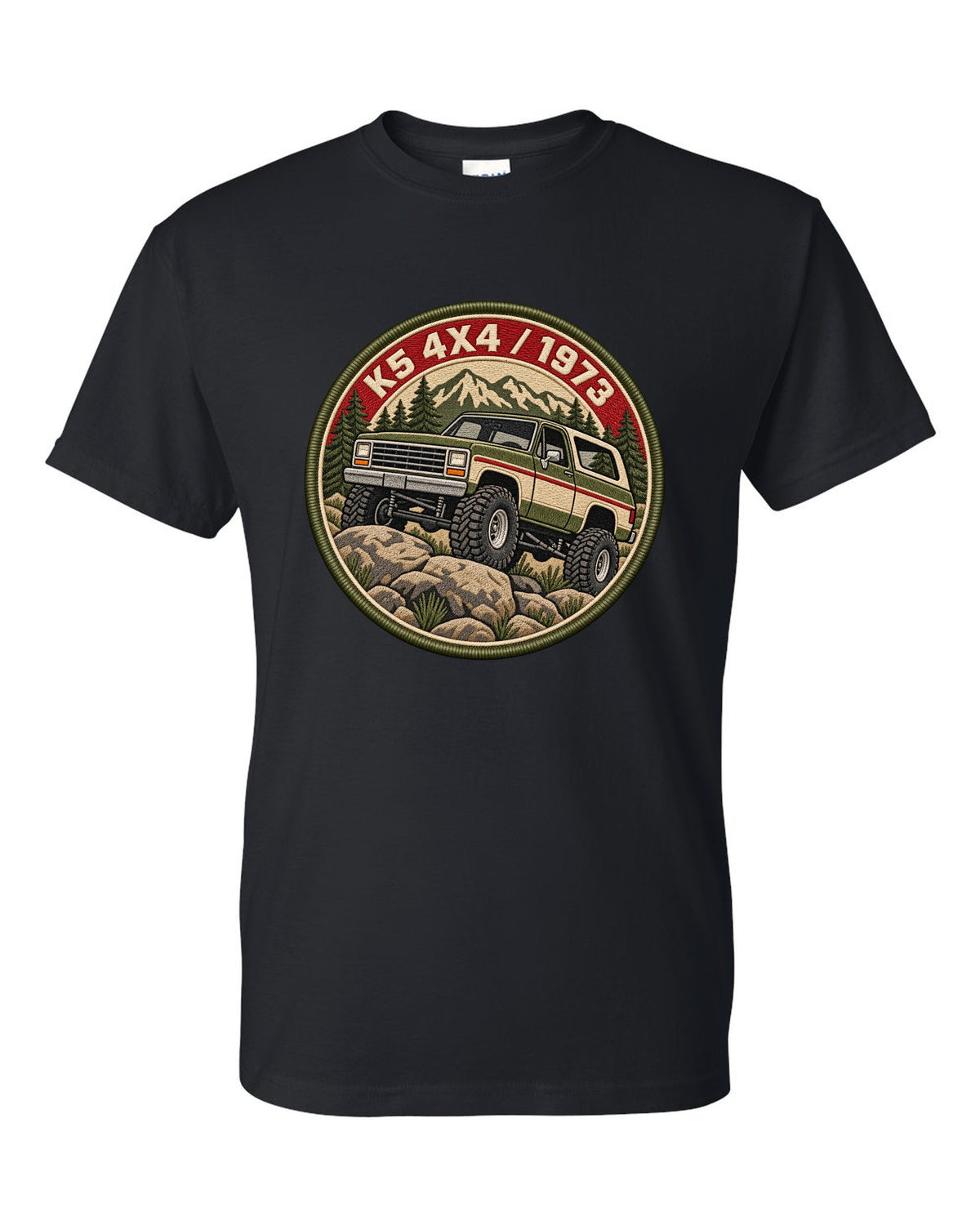 Embroidery-style varsity crest print of a 1973-91 Chevrolet K5 Blazer with K5 4x4 1973 lettering black t-shirt front view with the design