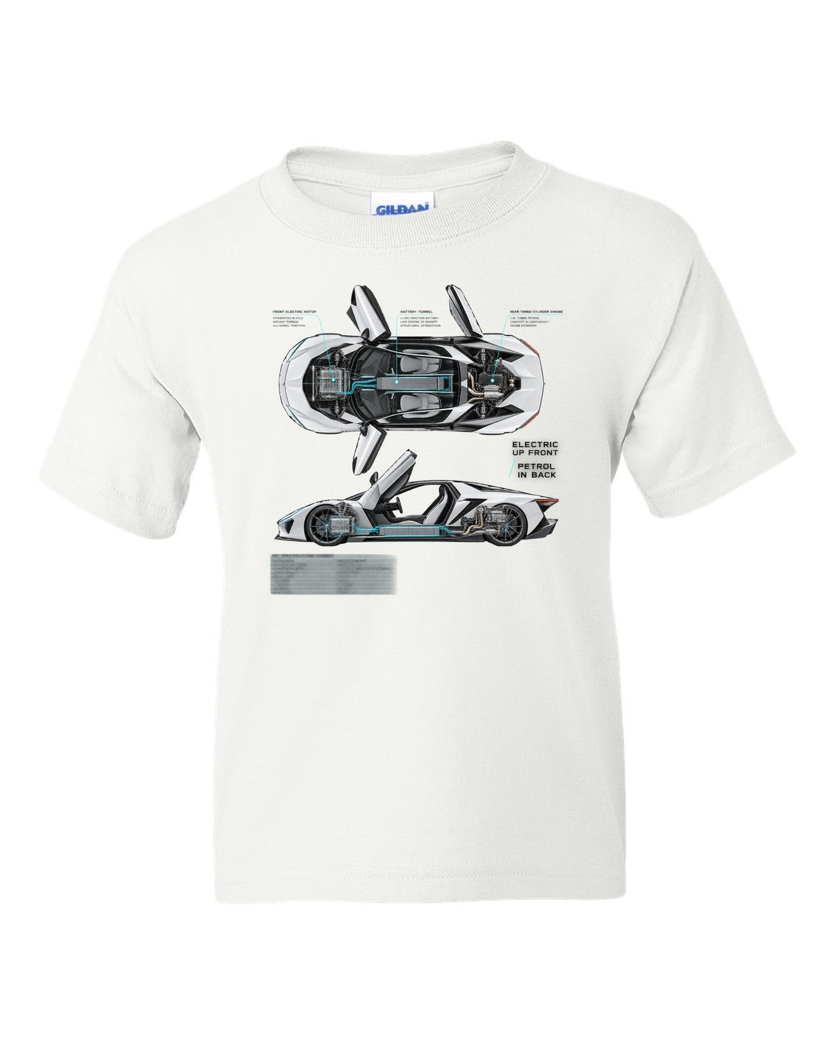 BMW i8 I12 spec poster print with electric up front petrol in back text white kids tee front view with the design