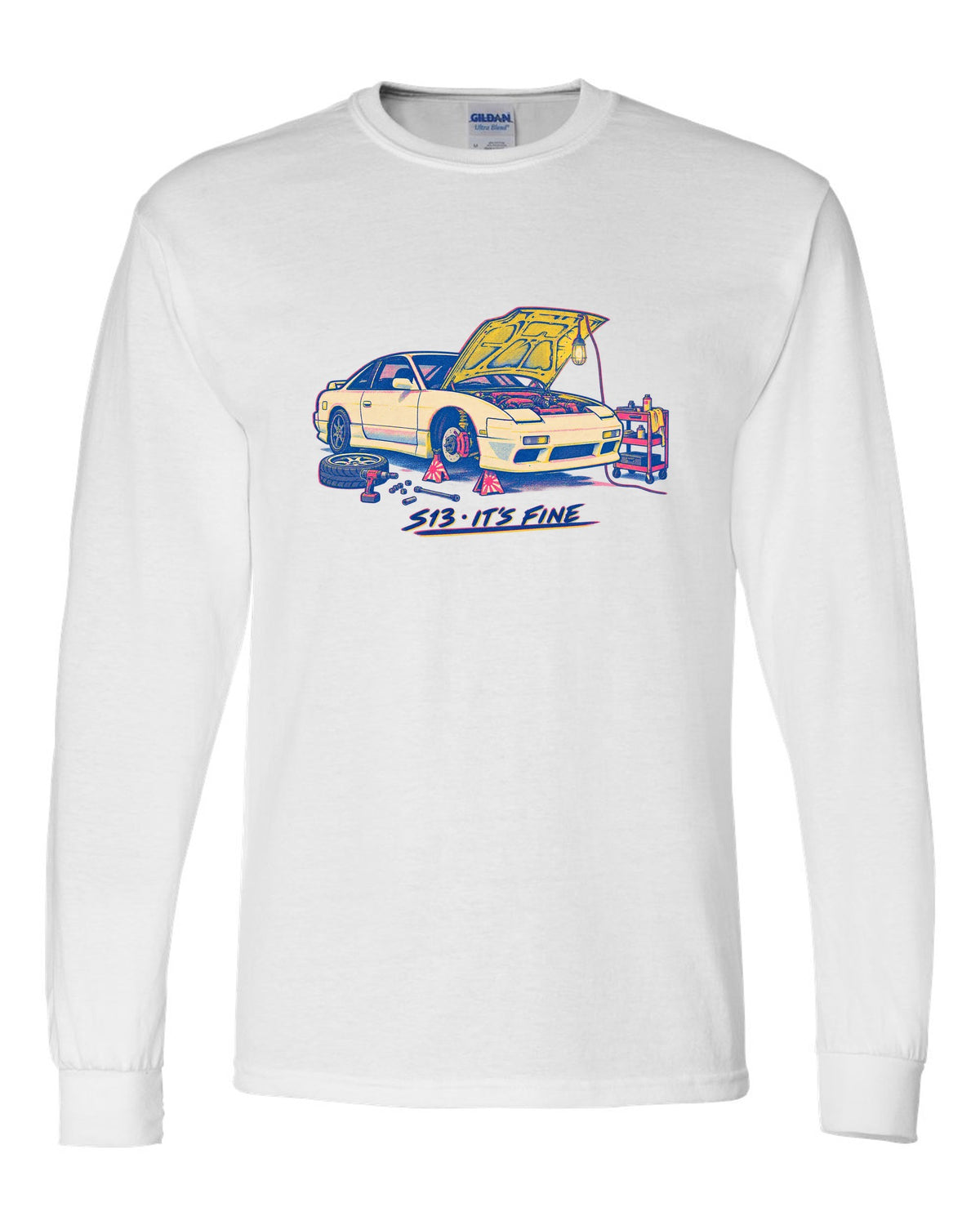 Risograph workshop print of a Nissan S13 with S13 it's fine lettering white long sleeve front view with the design