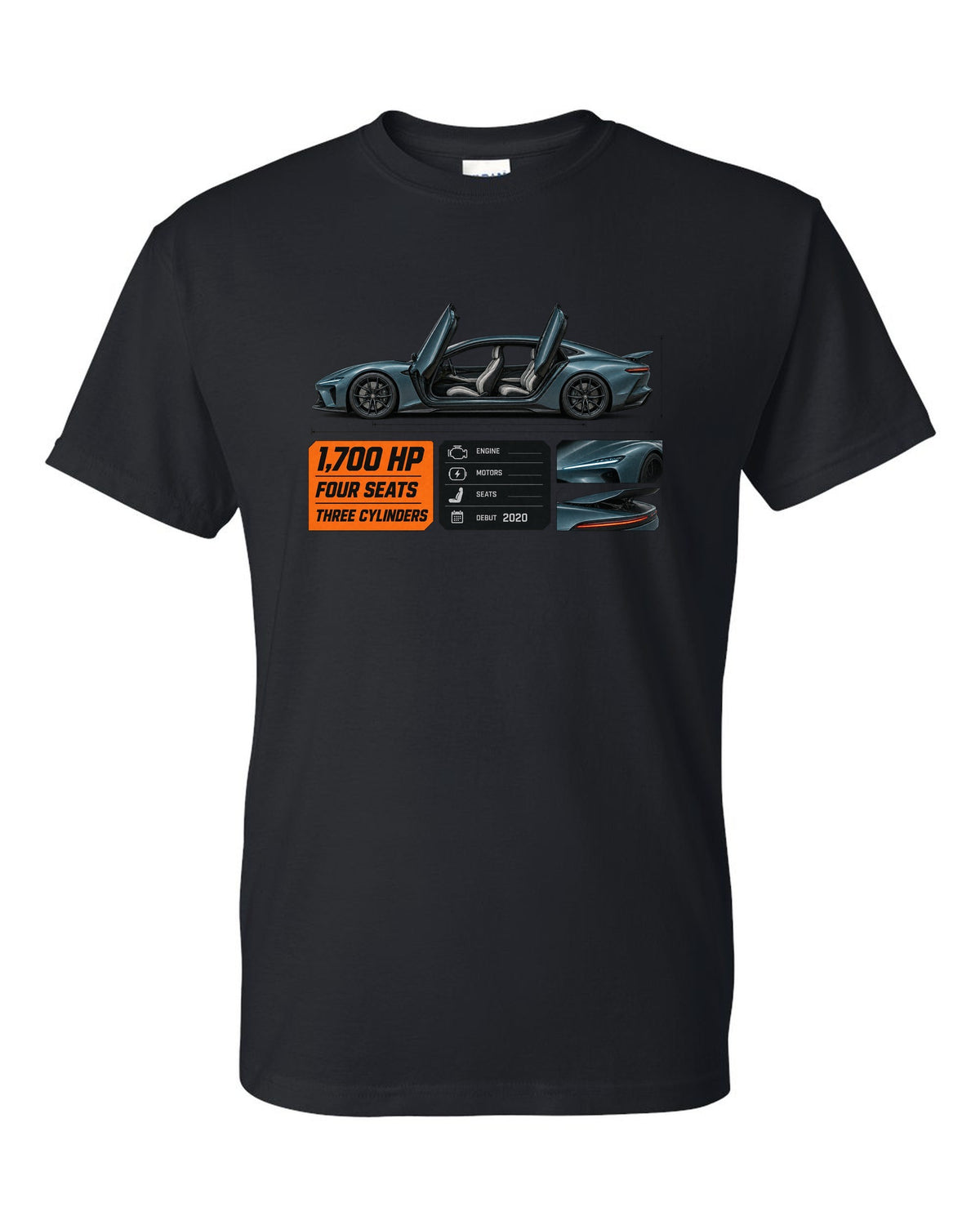Spec poster of the Koenigsegg Gemera four-seat hypercar, print black t-shirt front view with the design