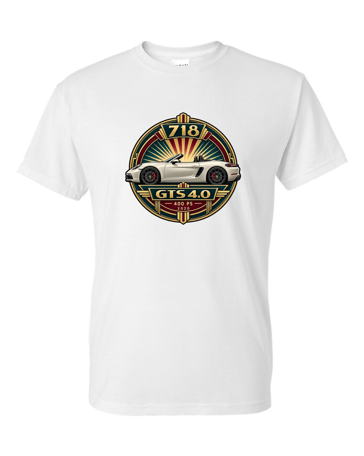Art deco poster crest design for the Porsche 718 Boxster GTS 4.0 with 400 PS and 2020 lettering white t-shirt front view with the design
