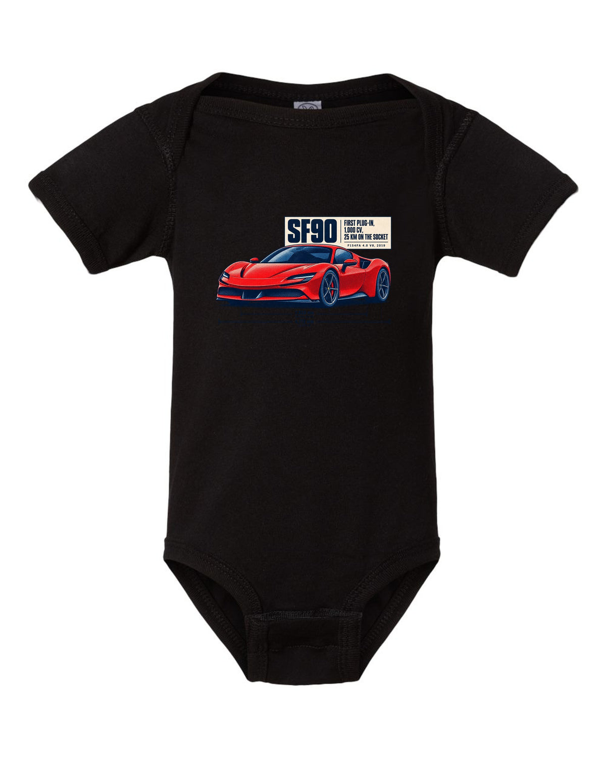 Ferrari SF90 Stradale halftone print with first plug-in, 1,000 CV text black baby onesie front view with the design