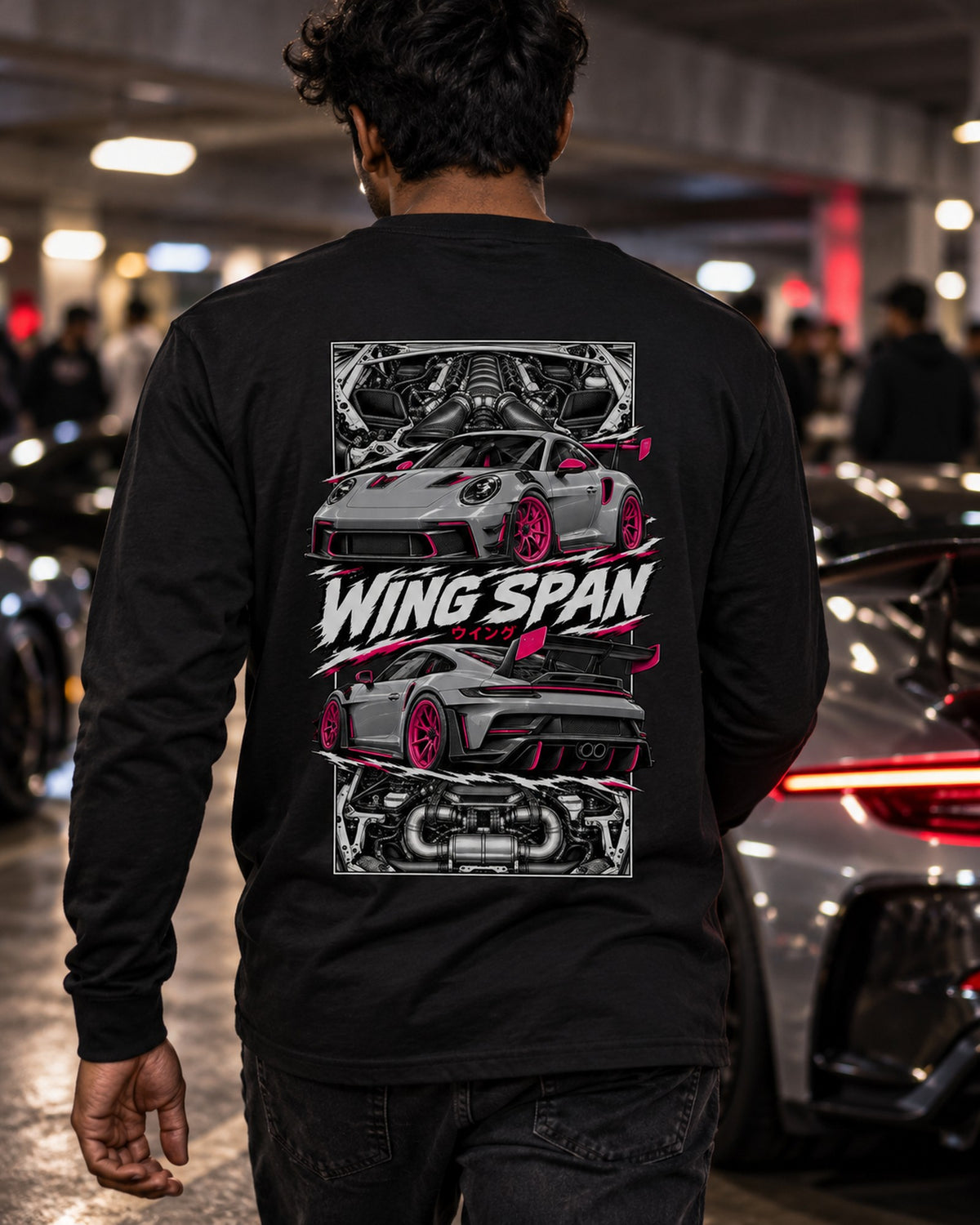 Porsche 992 Gt3 Rs Torn Poster Full-Back Graphic Tee Long Sleeve Black worn hero