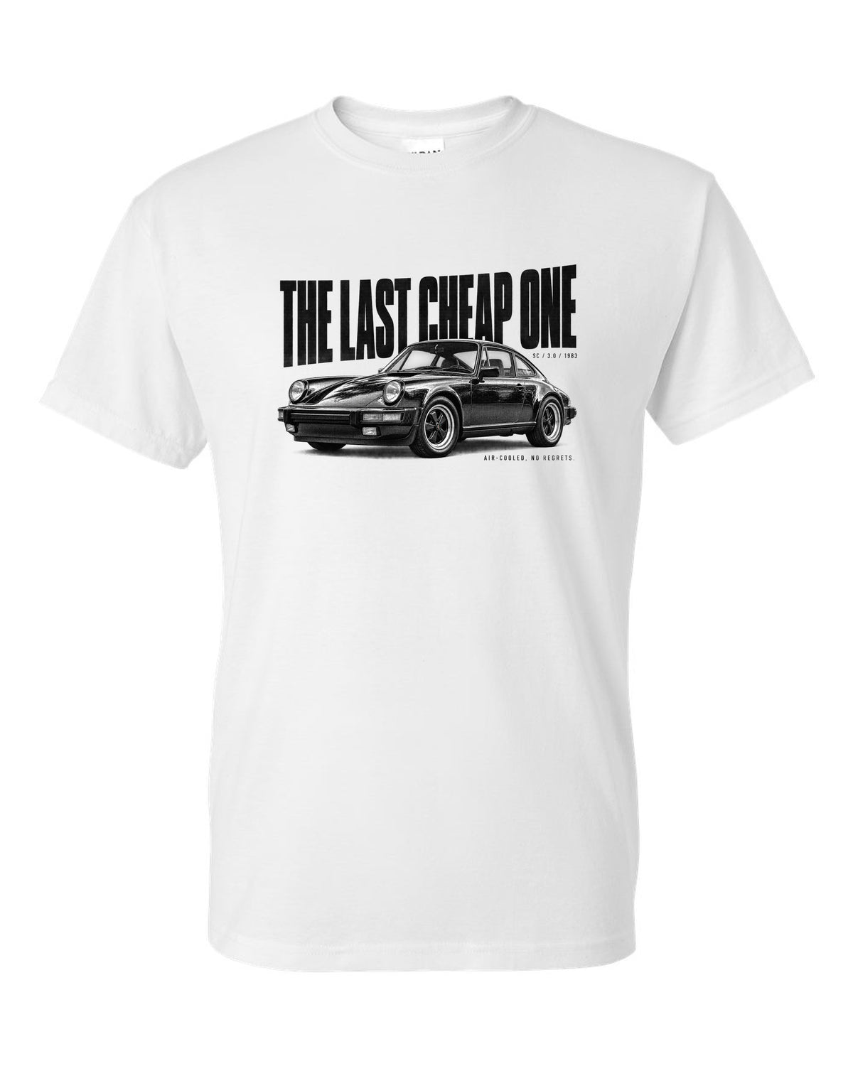 Halftone print of a Porsche 911 SC G-series with The Last Cheap One caption white t-shirt front view with the design