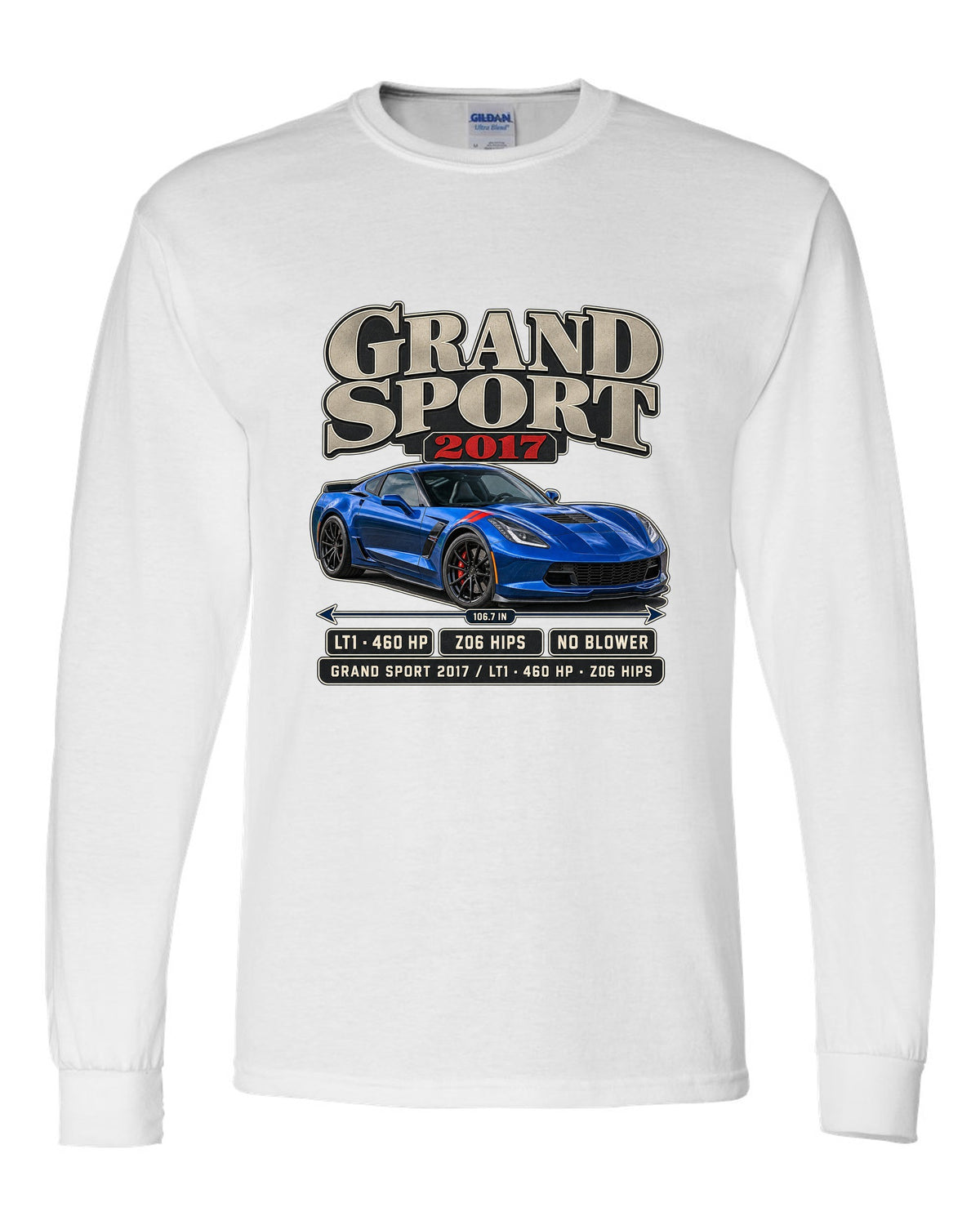 print of a Chevrolet Corvette C7 Grand Sport archive panel with LT1 and 460 HP text white long sleeve front view with the design
