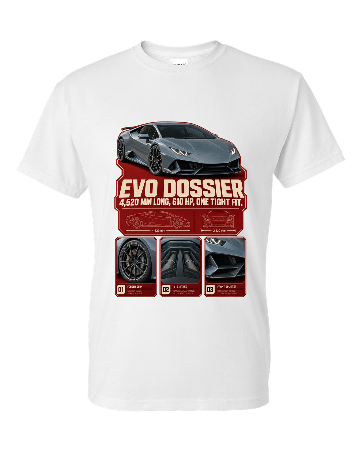 Dossier panel print of the Lamborghini Huracan EVO white t-shirt front view with the design