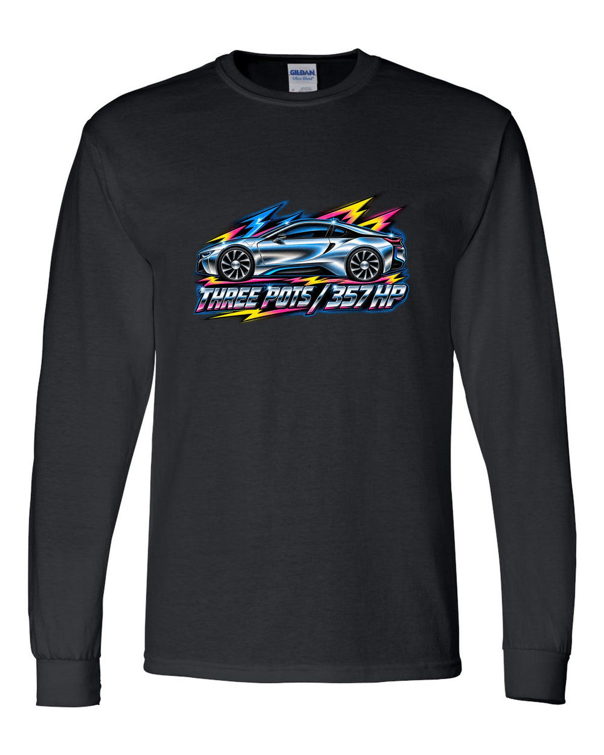 BMW i8 I12 80s airbrush chrome print with three pots 357 HP text black long sleeve front view with the design