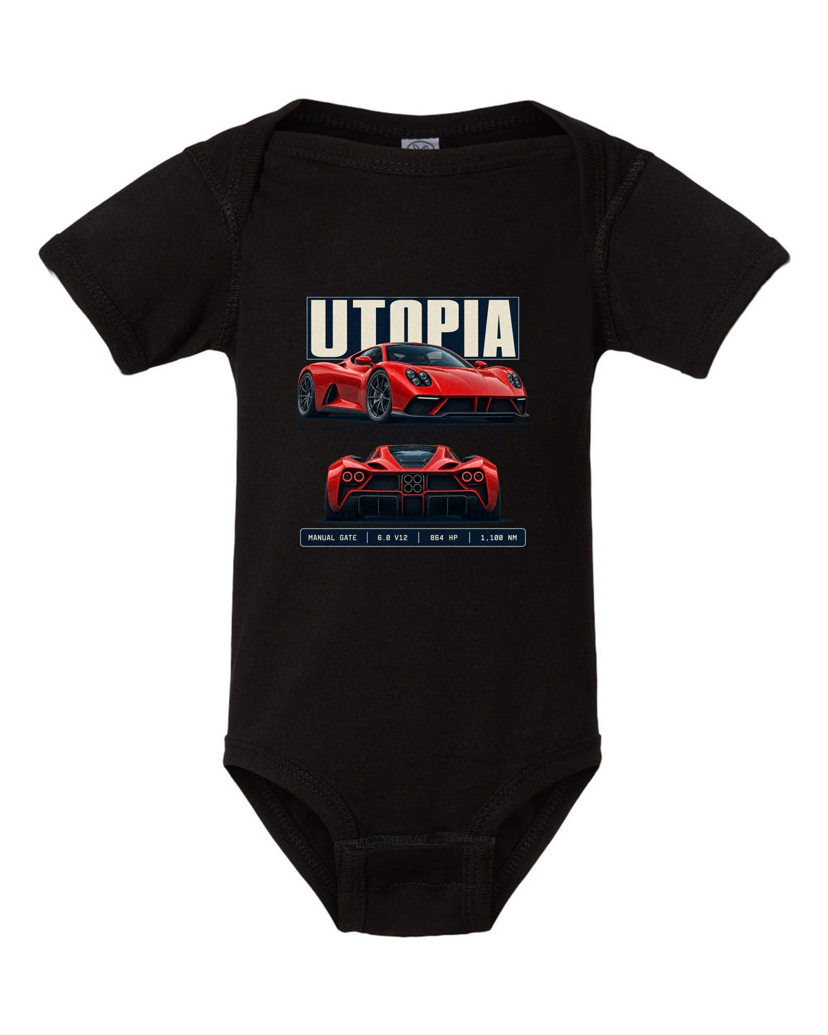 Spec poster print of the Pagani Utopia with the text manual gate, 6.0 V12, 864 hp, 1,100 Nm black baby onesie front view with the design